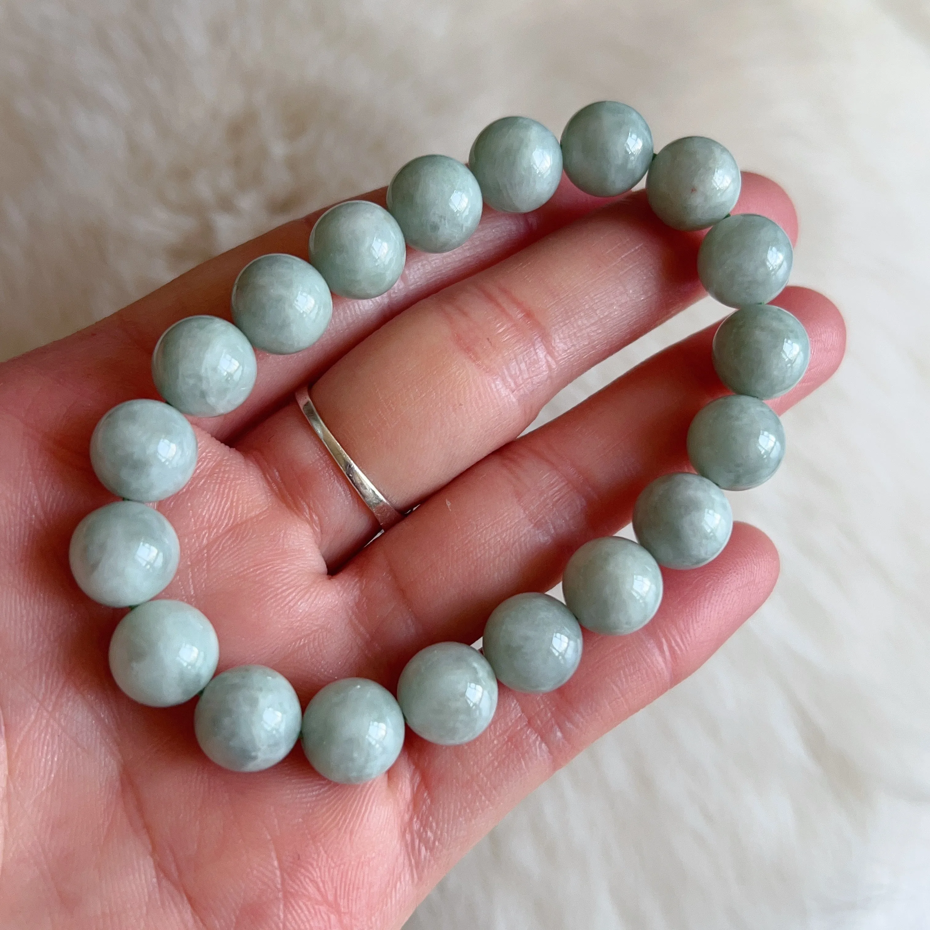 Natural Jadeite Healing Stone Elastic Bracelet | 10.3mm Jade Beads Jewelry Handmade by Karen | 4th Heart Chakra Lower Blood Pressure