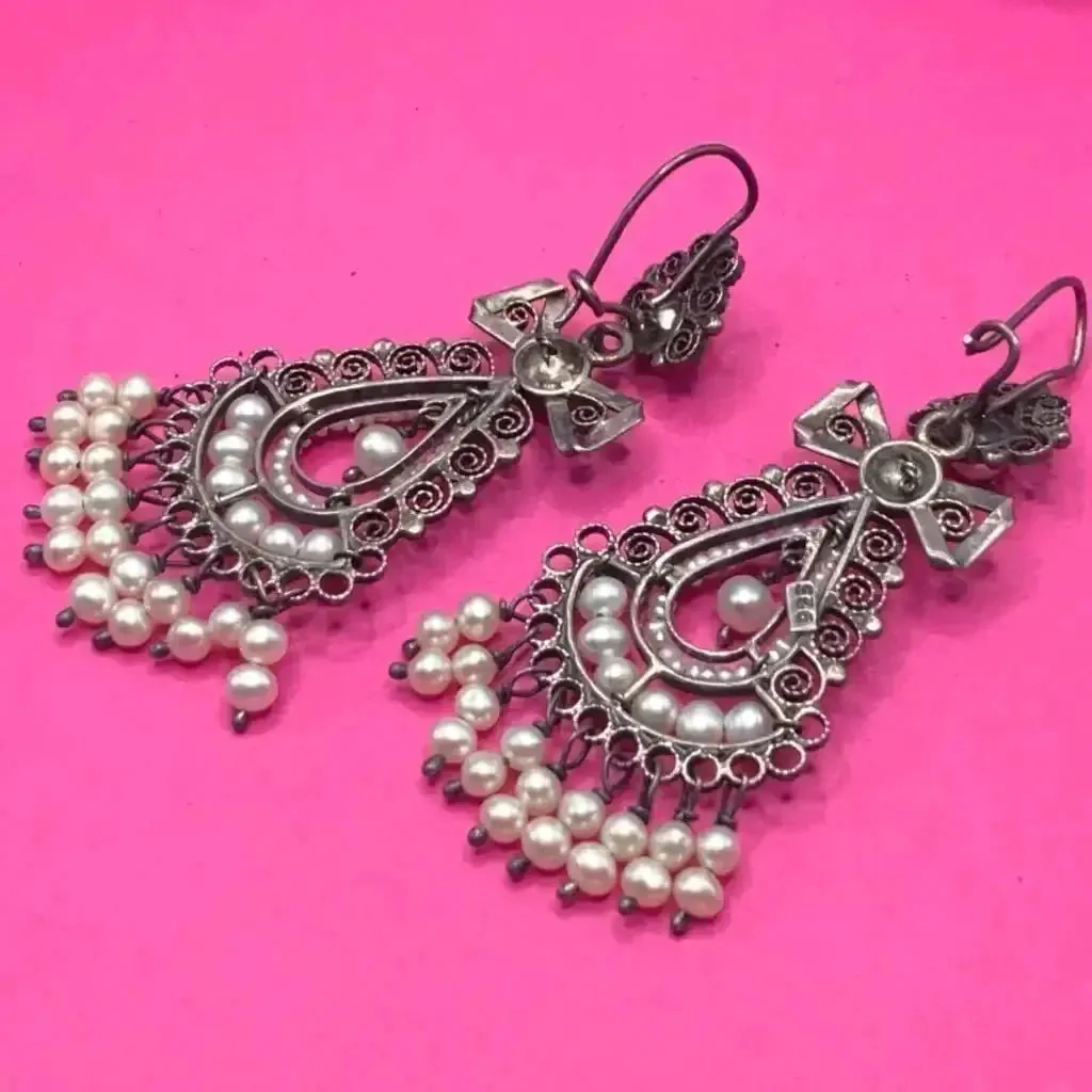 Oaxacan vintage Silver filigree earrings with pearls, circa 1940