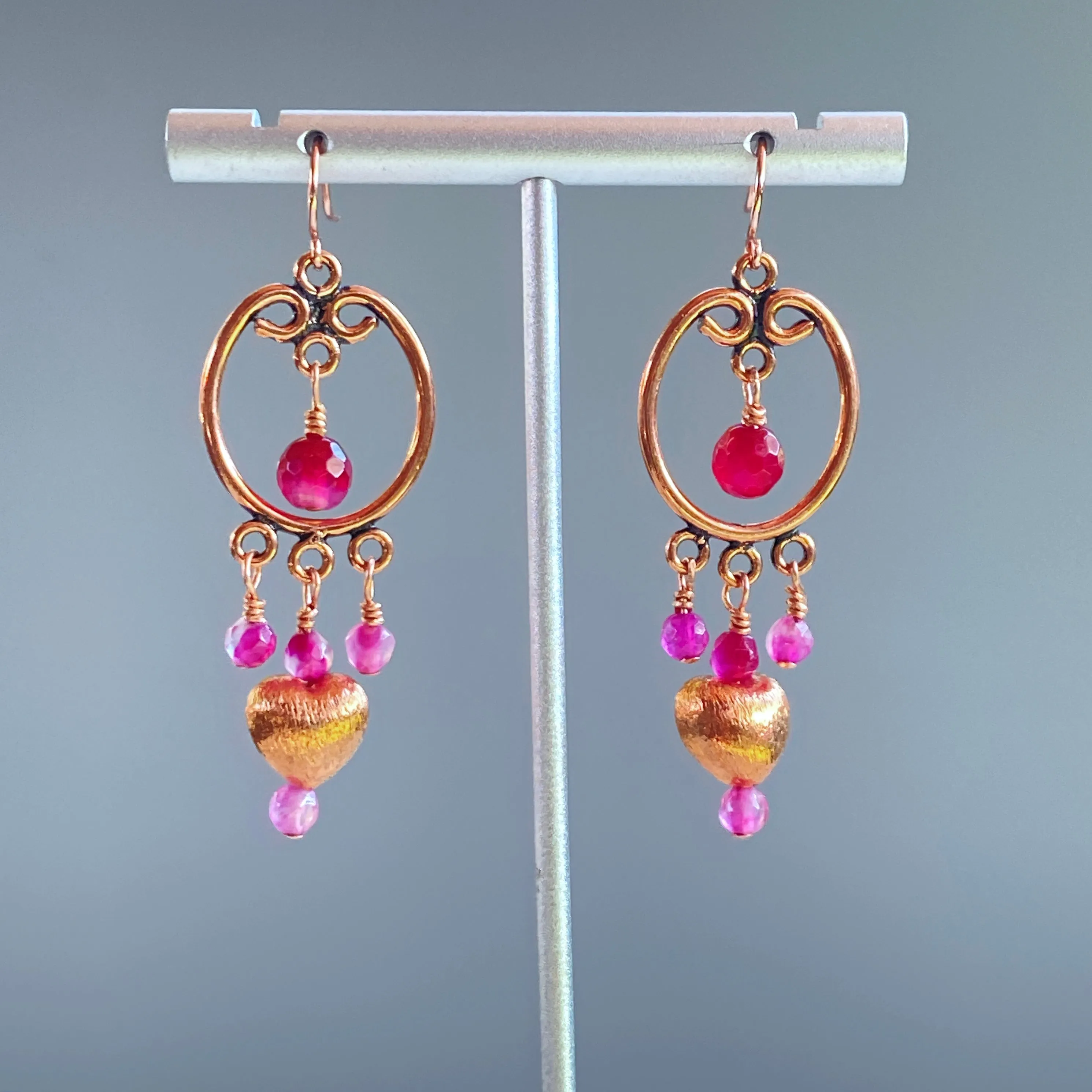 Pink agate and copper heart drop earrings