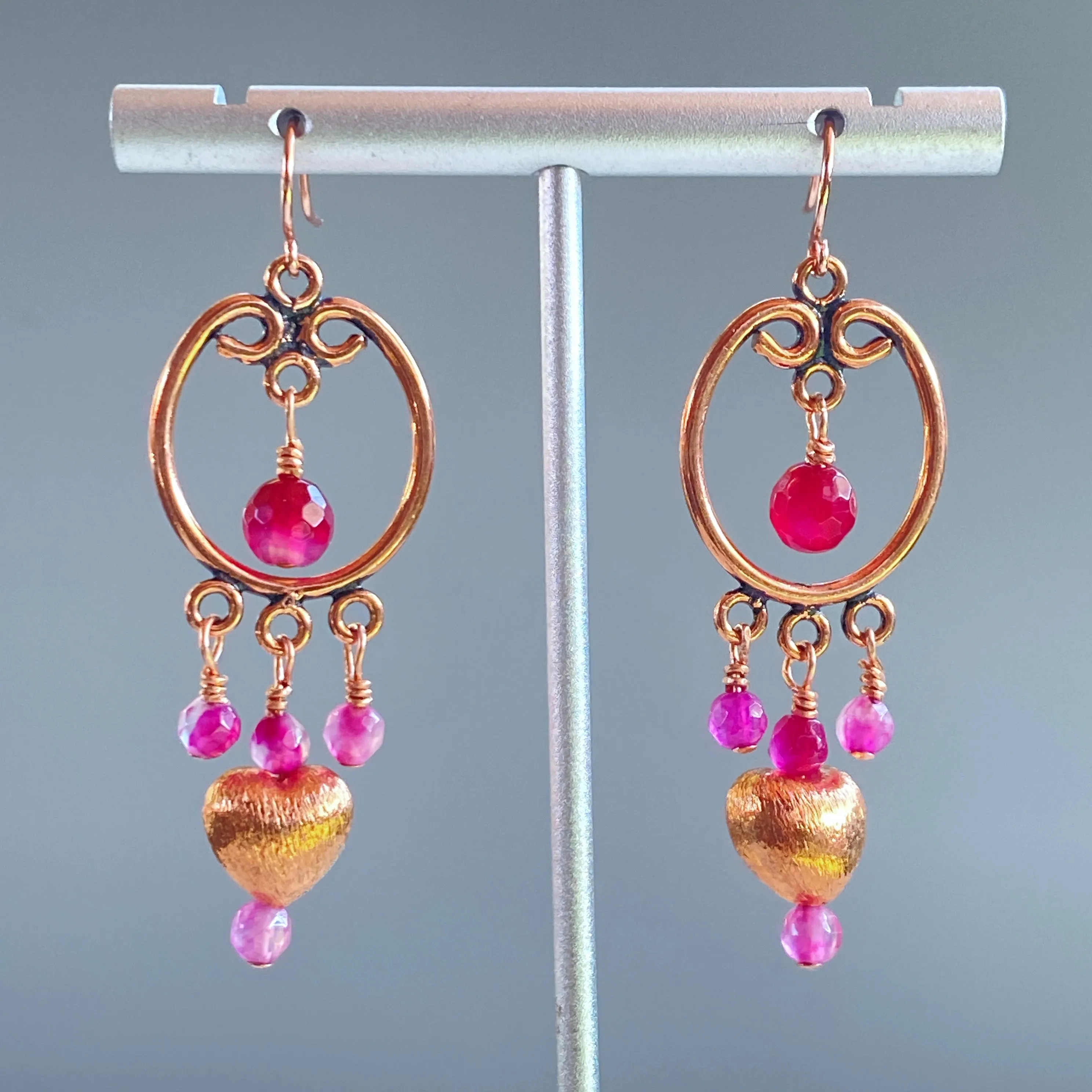 Pink agate and copper heart drop earrings