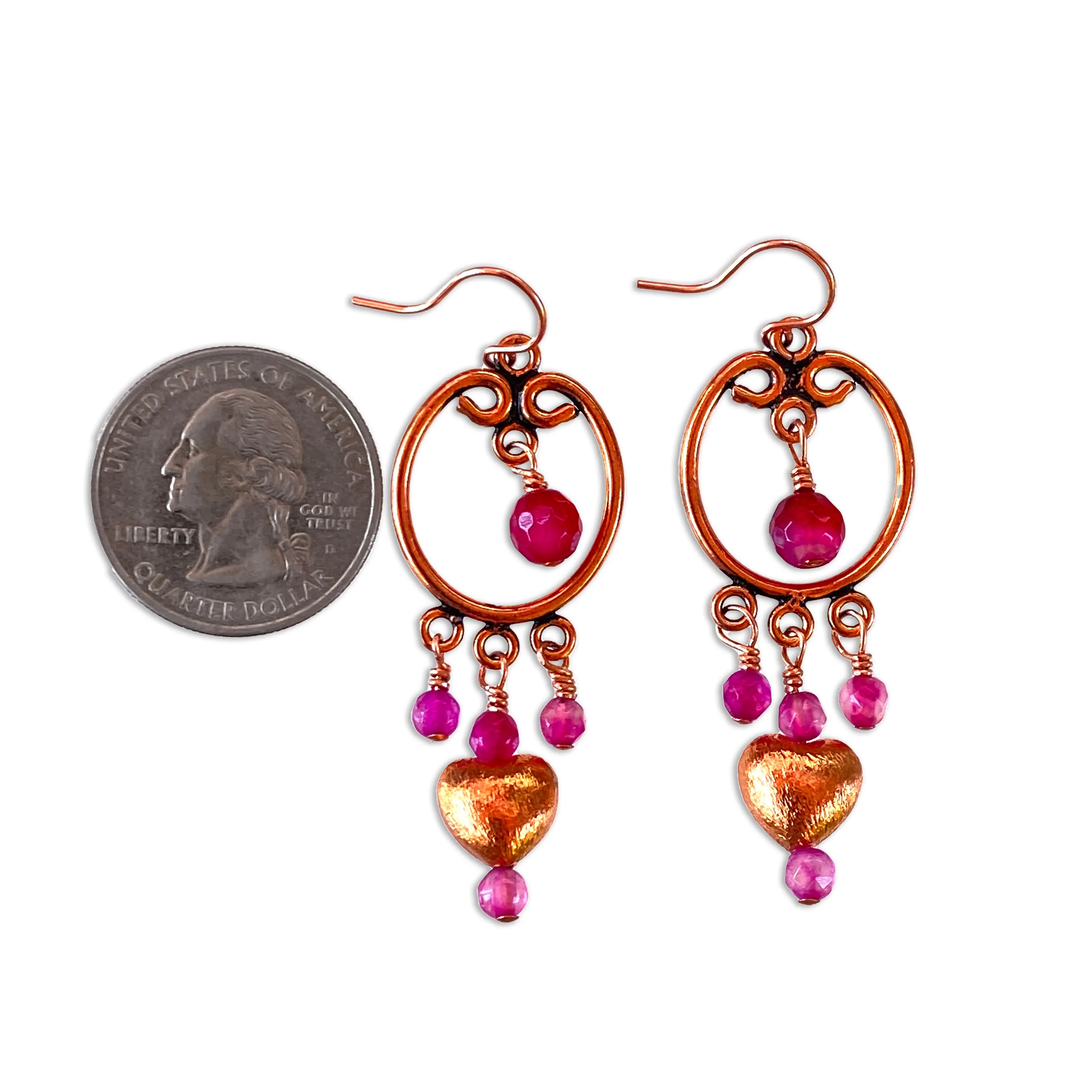 Pink agate and copper heart drop earrings