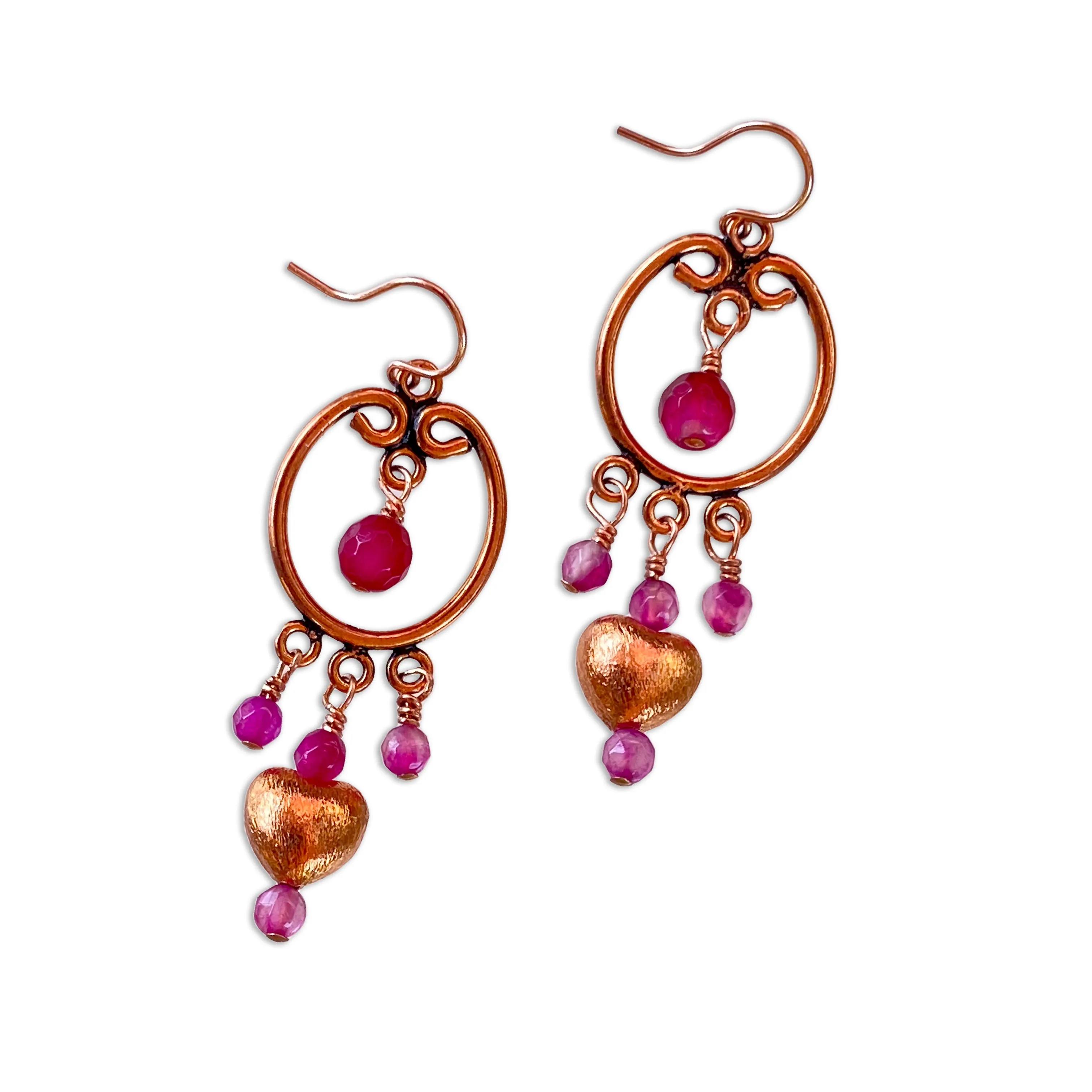 Pink agate and copper heart drop earrings