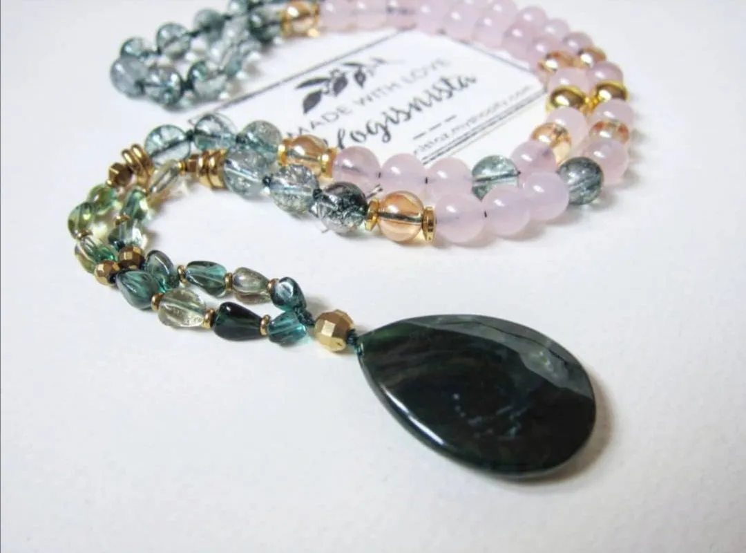 Pink and Phantom Quartz Love Mala Necklace in Dark Green Emerald Pendant