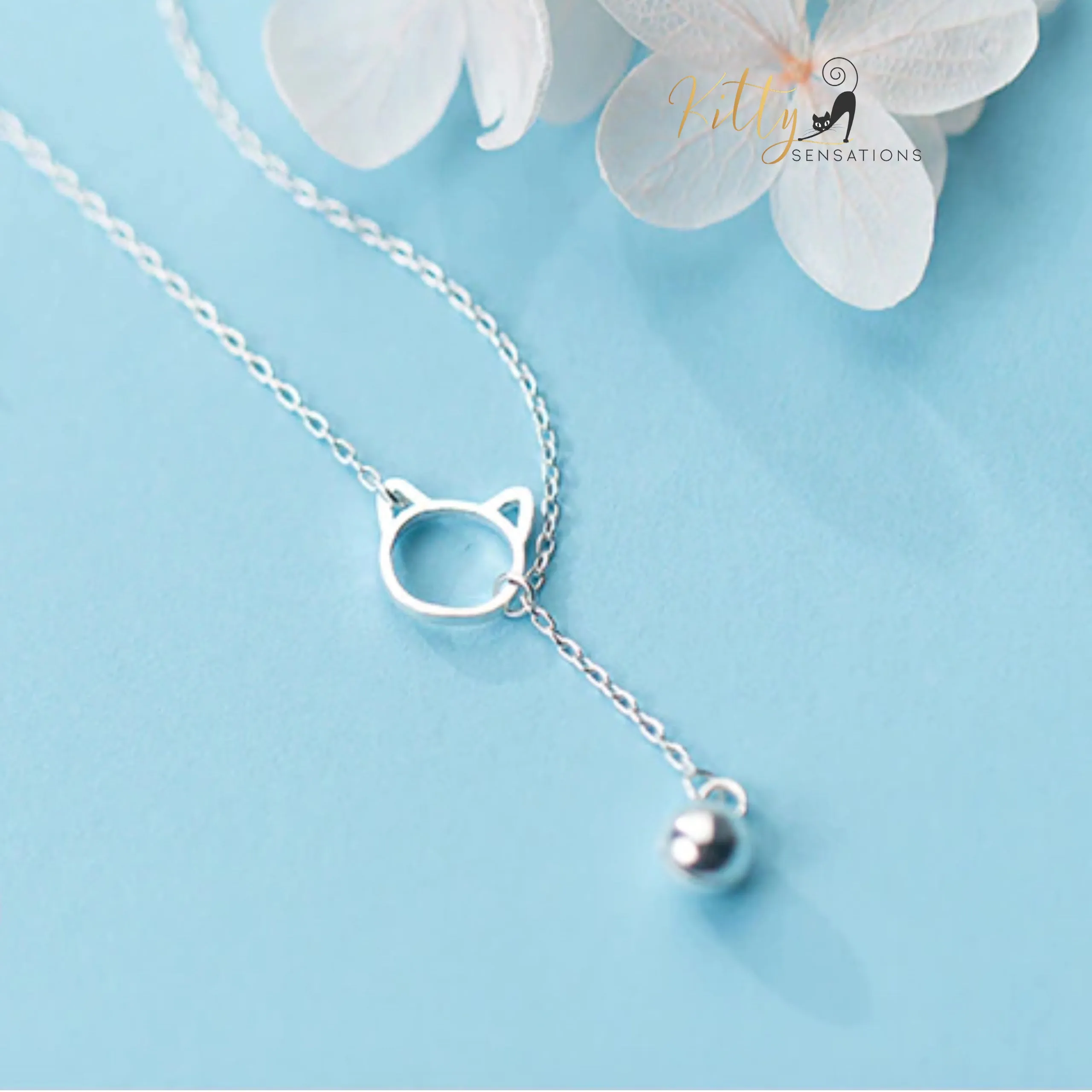 Purrfection Cat Necklace with Hanging Bell Charm in Solid 925 Sterling Silver