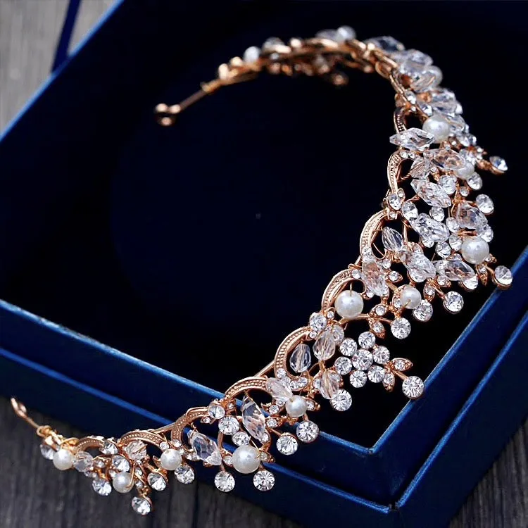 "Blanche" - Wedding Pearl and Crystal Tiara - Available in Silver, Rose Gold and Yellow Gold