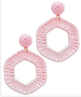 Raffia Wrapped Hexagon Earrings - Light Pink