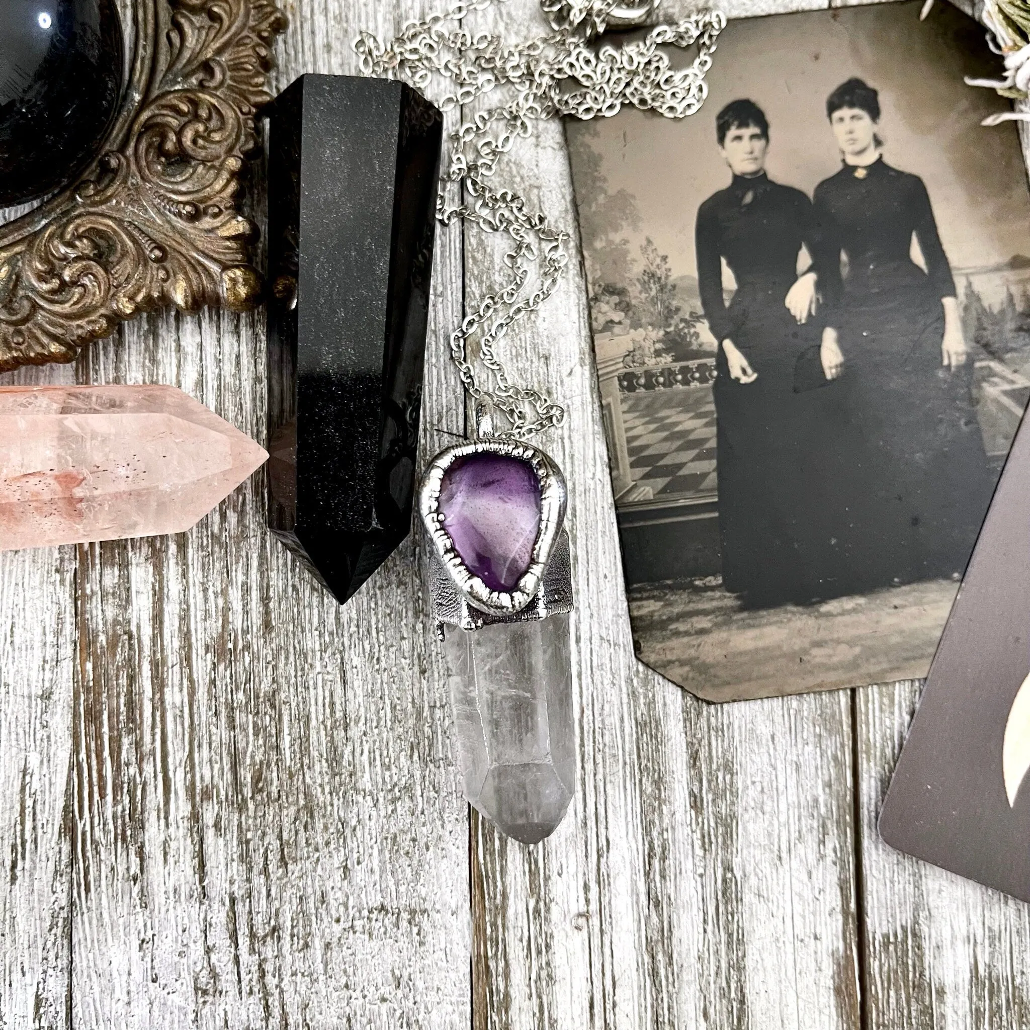 Raw Clear Quartz & Purple Amethyst Crystal Statement Necklace in Fine Silver / Foxlark Collection - One of a Kind