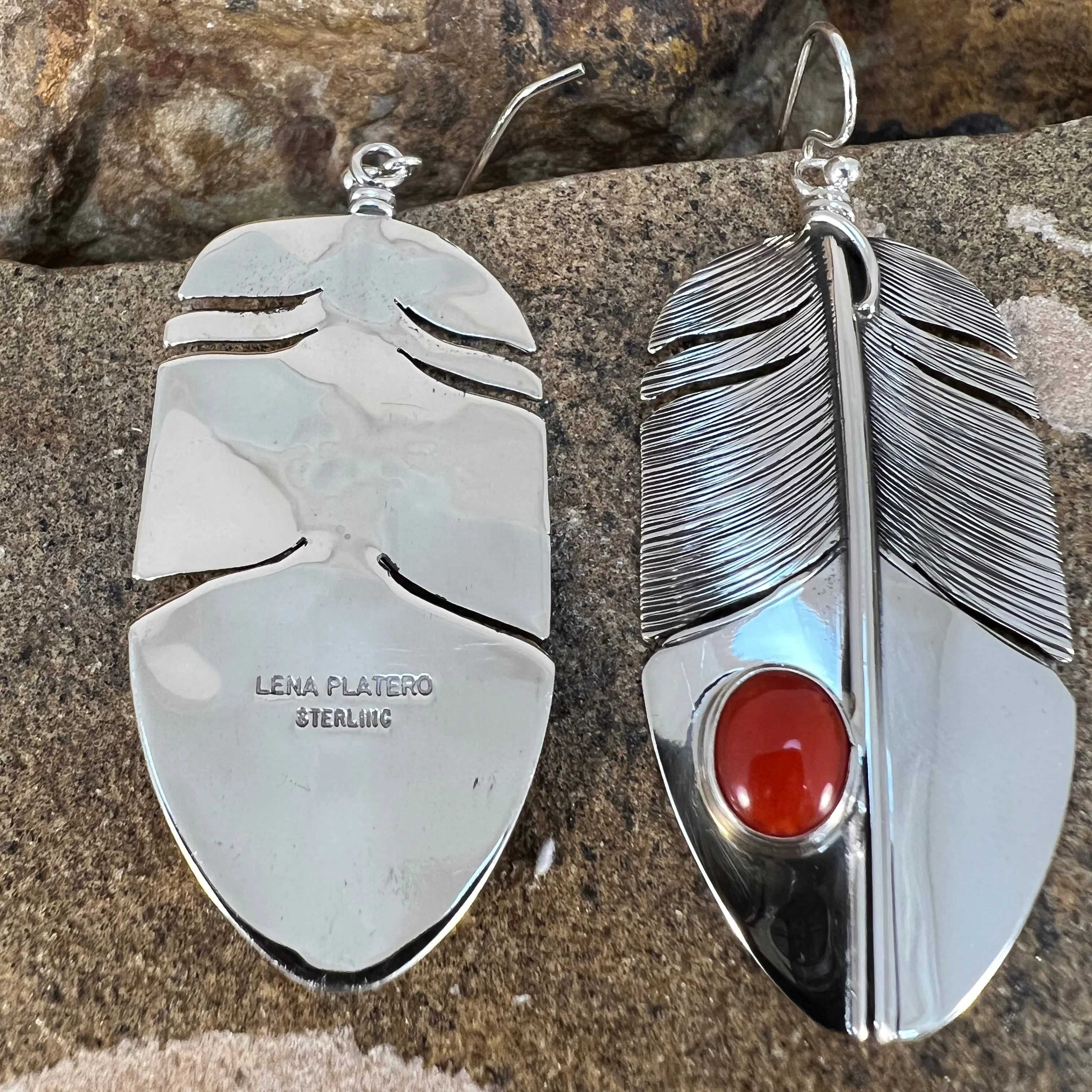 Red Coral Sterling Sliver Feather Earrings by Lena Platero