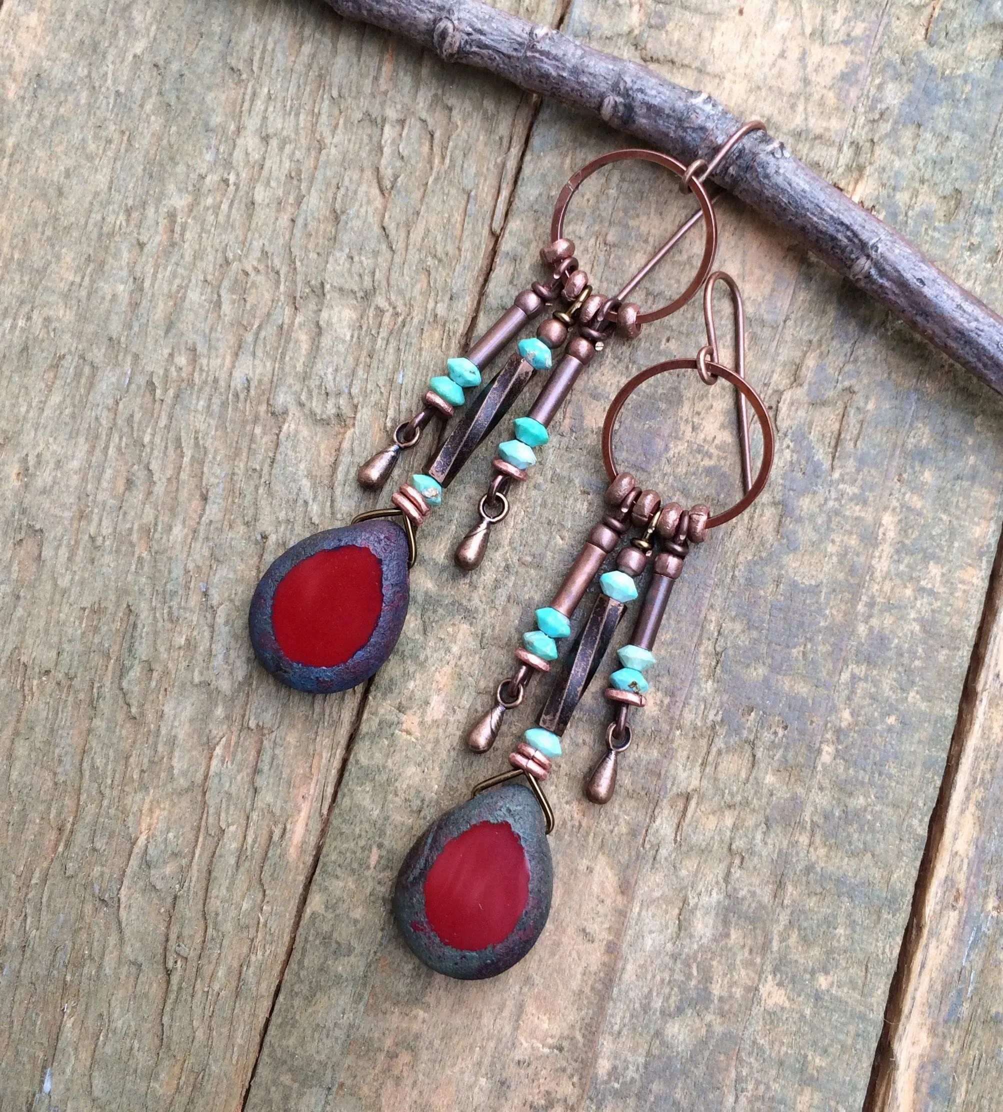 Red Czech Glass and Turquoise Dangle Earrings, Boho Dangle Earrings, Western Chandelier Drop Earrings, Red Glass and Turquoise Jewelry