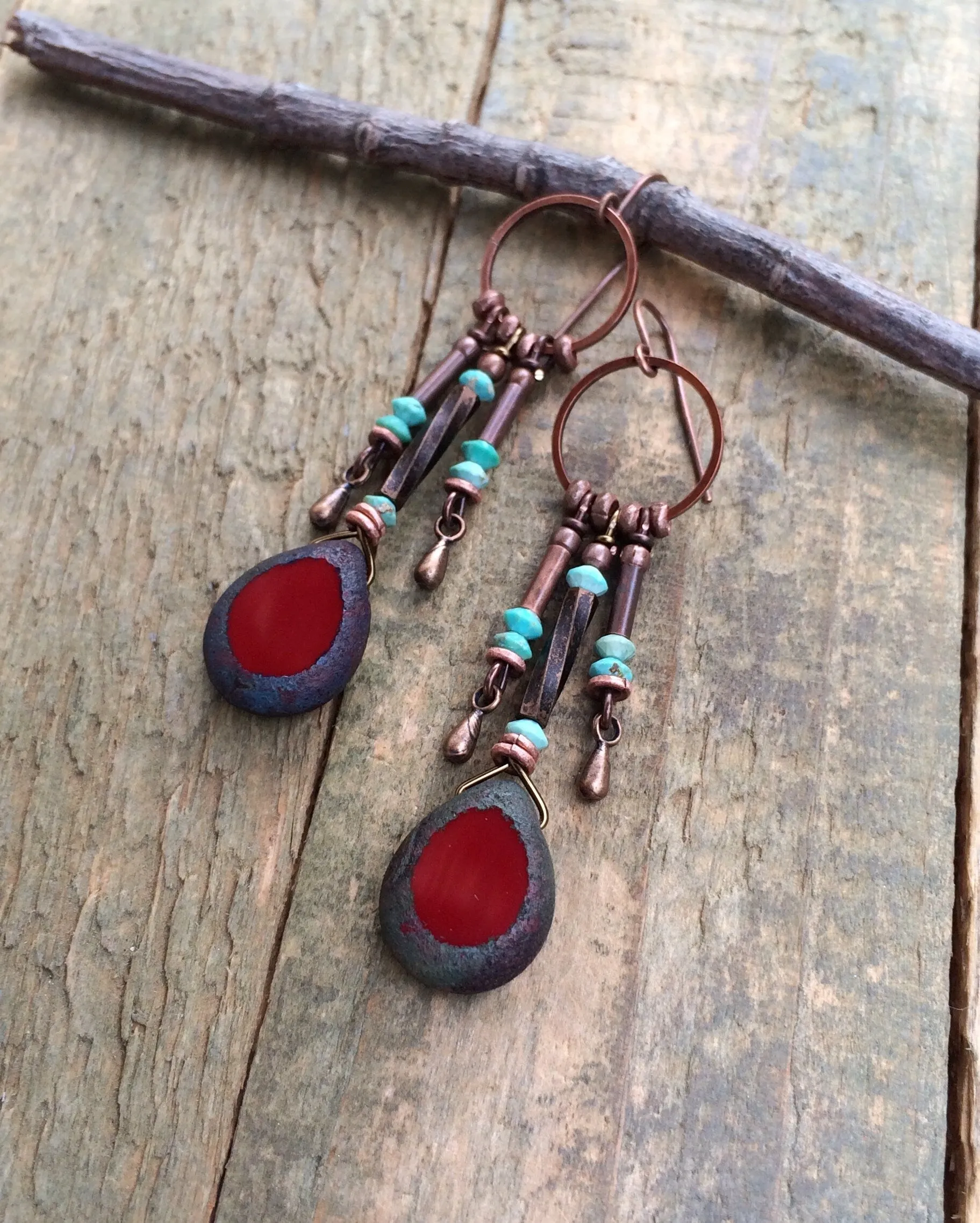 Red Czech Glass and Turquoise Dangle Earrings, Boho Dangle Earrings, Western Chandelier Drop Earrings, Red Glass and Turquoise Jewelry