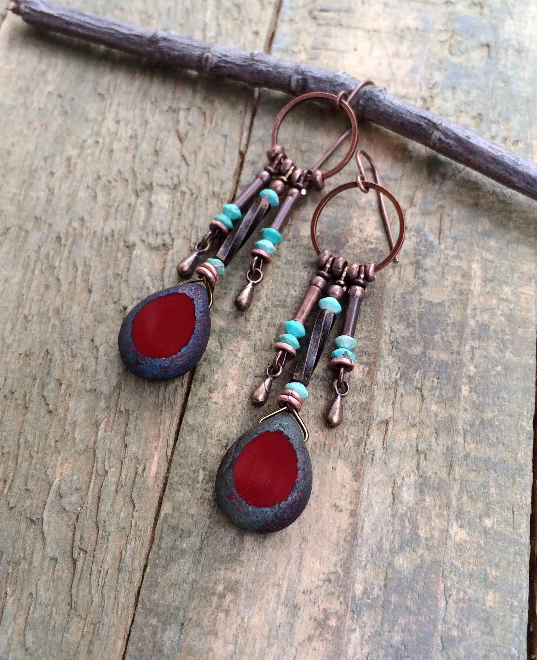 Red Czech Glass and Turquoise Dangle Earrings, Boho Dangle Earrings, Western Chandelier Drop Earrings, Red Glass and Turquoise Jewelry