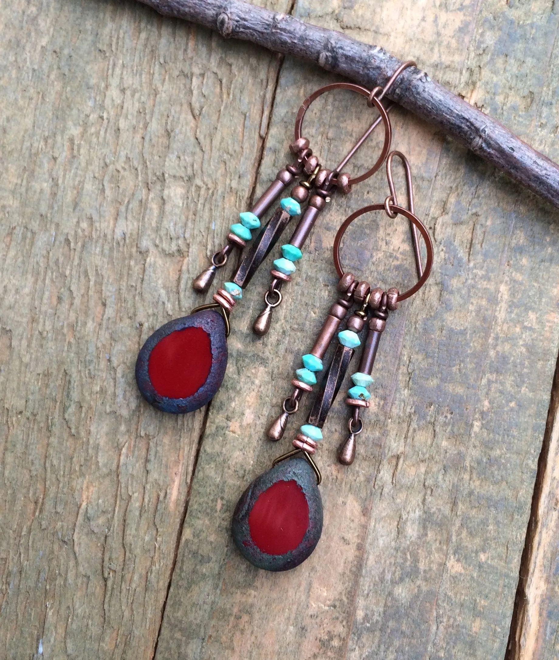 Red Czech Glass and Turquoise Dangle Earrings, Boho Dangle Earrings, Western Chandelier Drop Earrings, Red Glass and Turquoise Jewelry