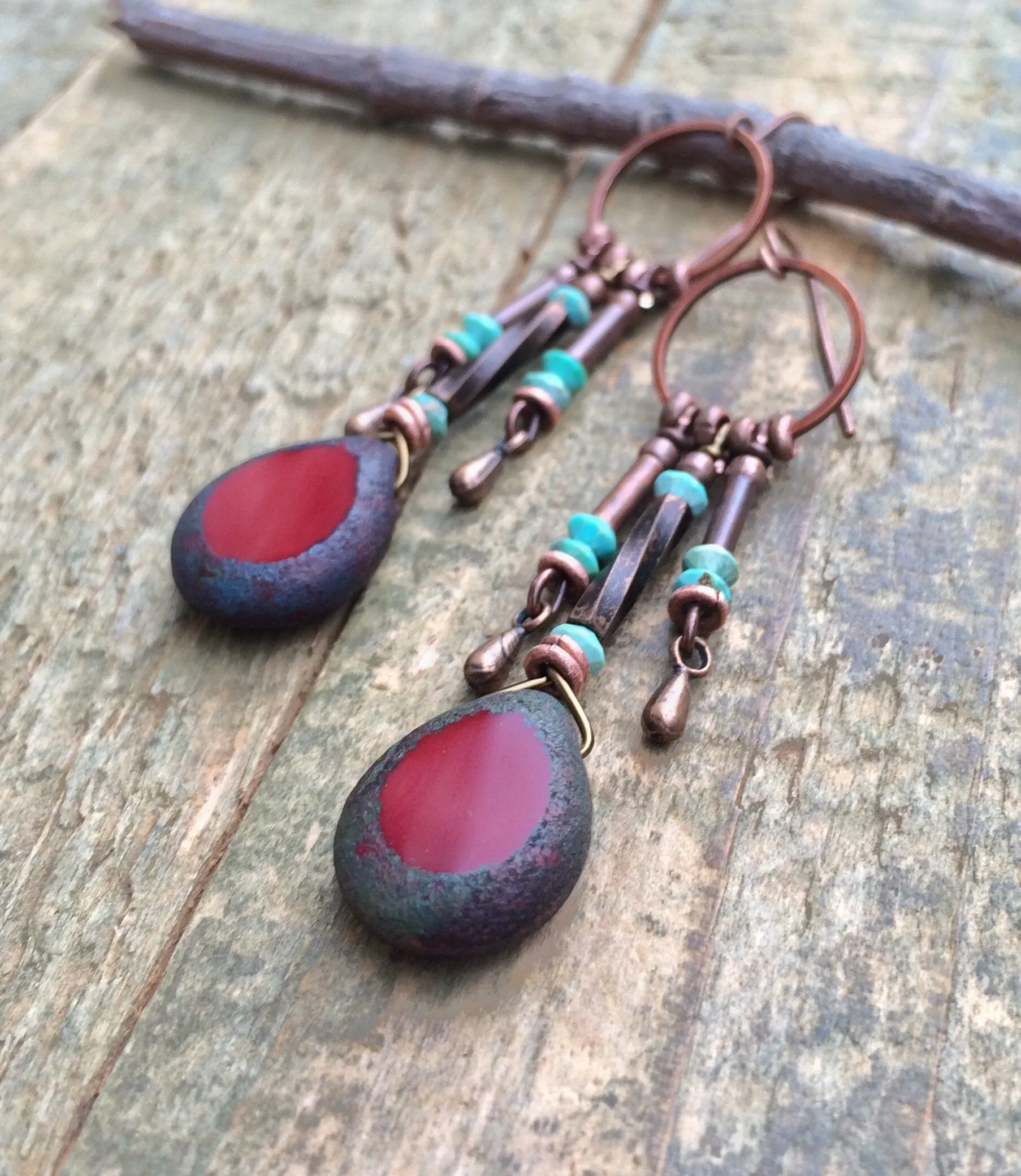 Red Czech Glass and Turquoise Dangle Earrings, Boho Dangle Earrings, Western Chandelier Drop Earrings, Red Glass and Turquoise Jewelry