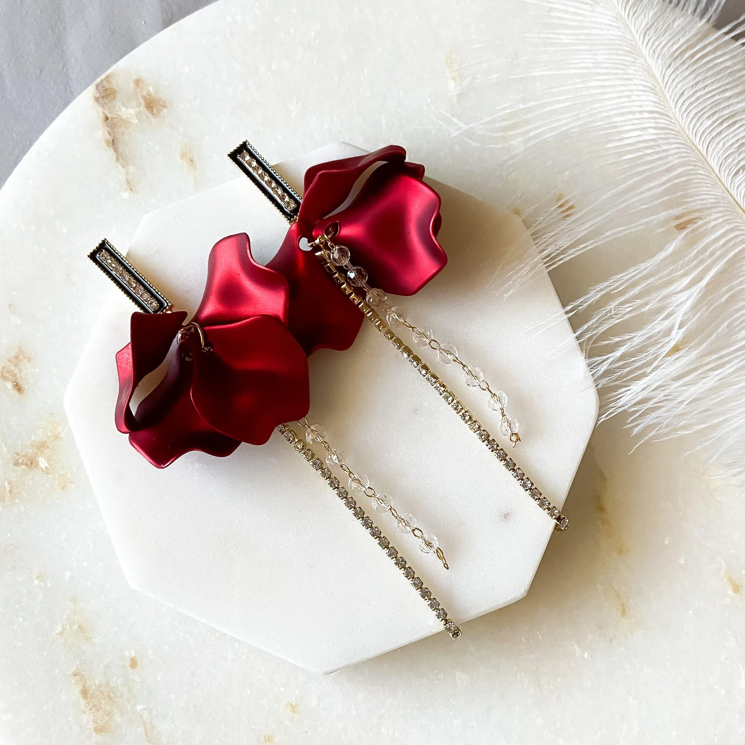 Red Velvet & Rhinestone Drop Earrings