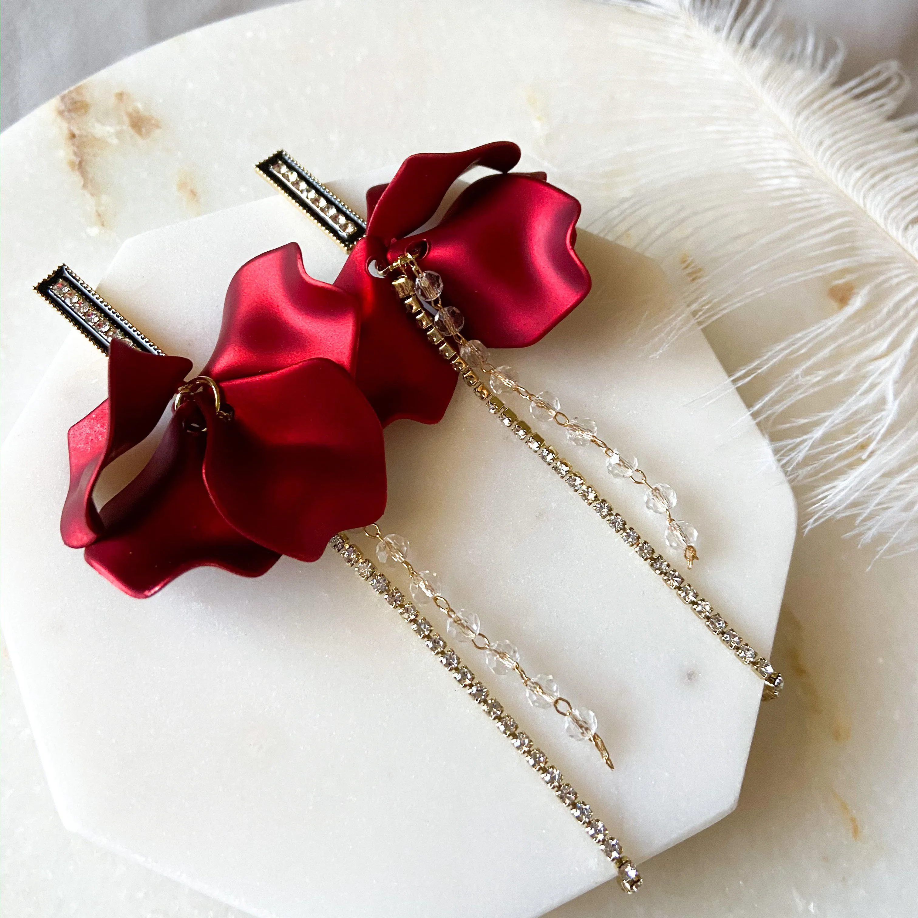 Red Velvet & Rhinestone Drop Earrings