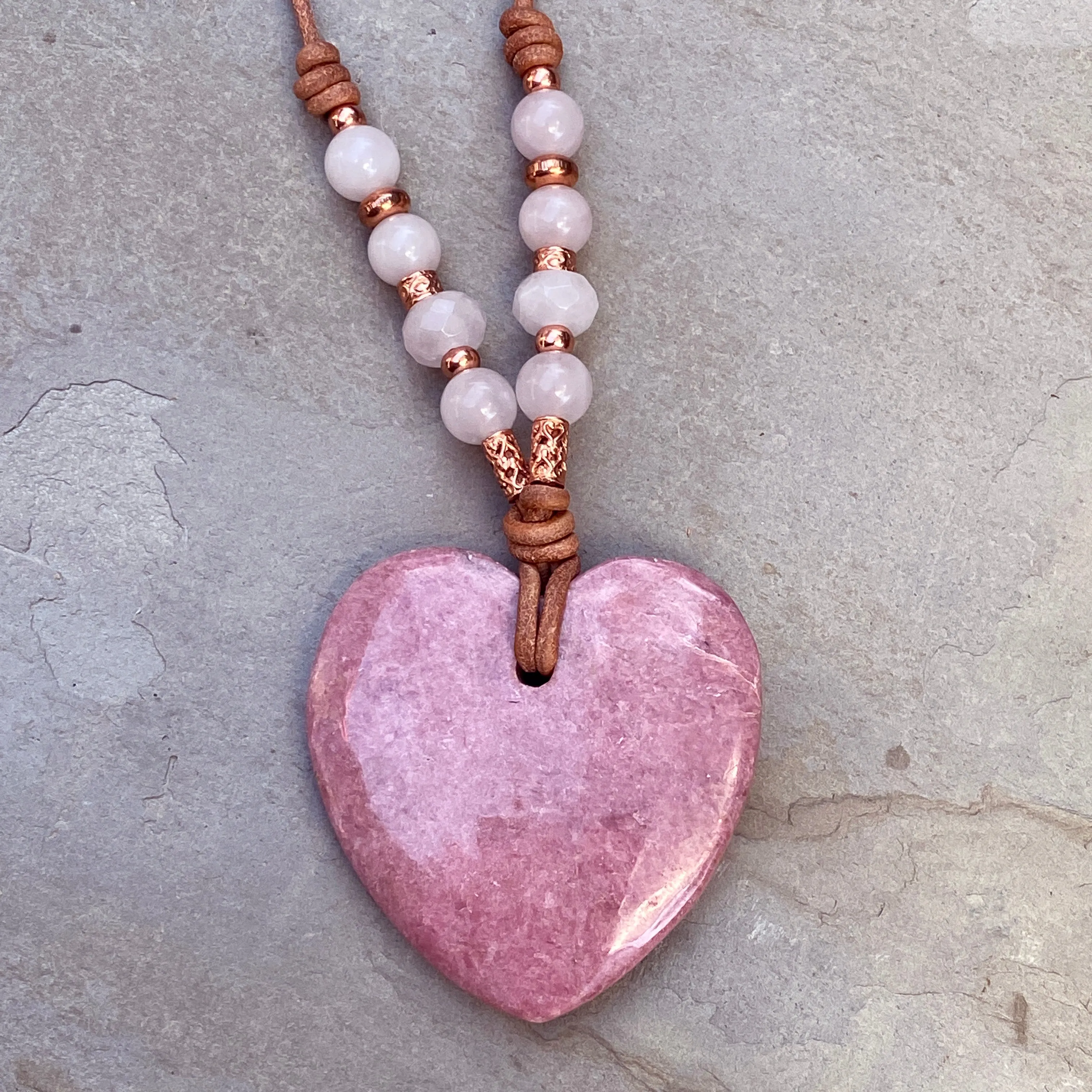 Rhodonite gemstone Heart with Rose Quartz and Copper Leather necklace