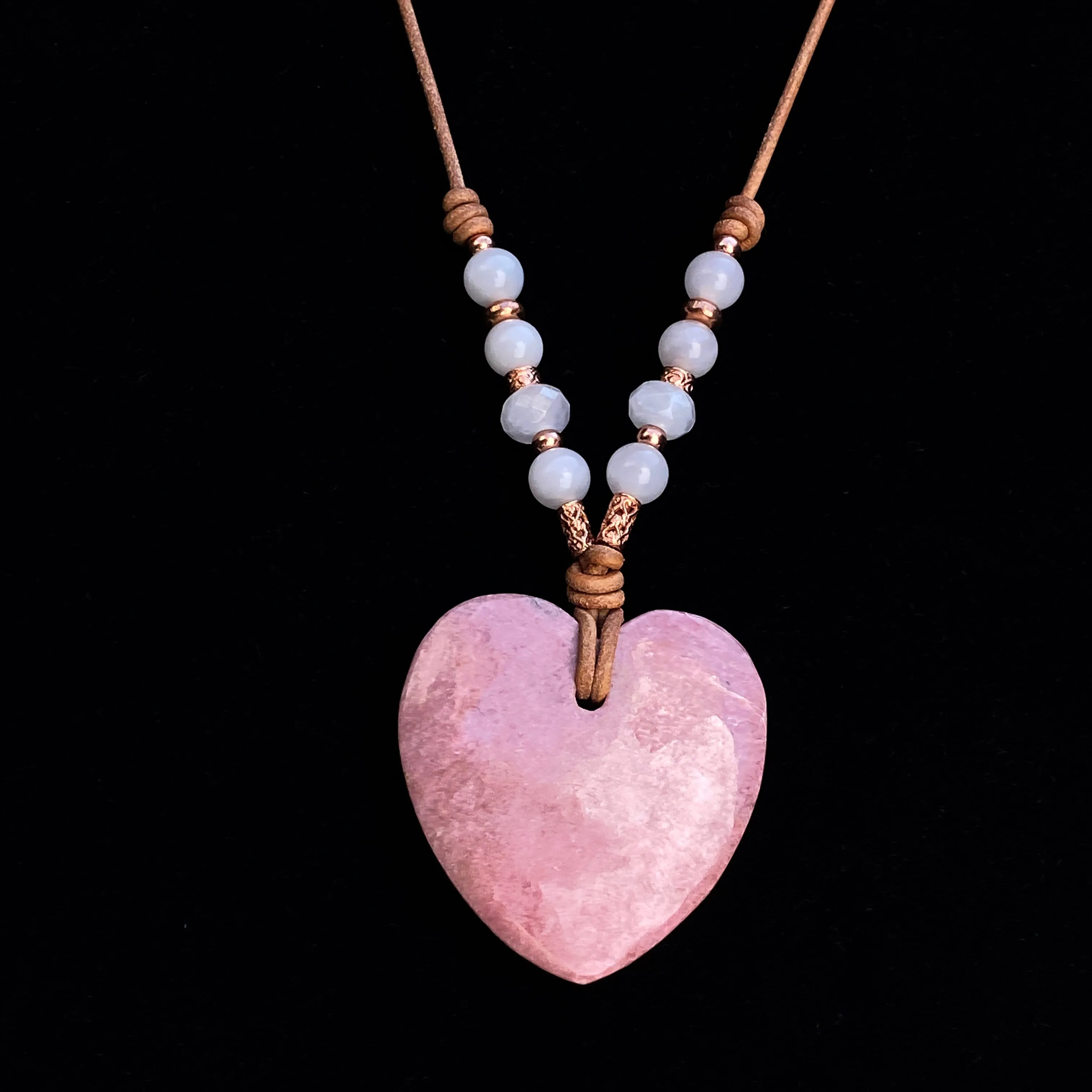 Rhodonite gemstone Heart with Rose Quartz and Copper Leather necklace