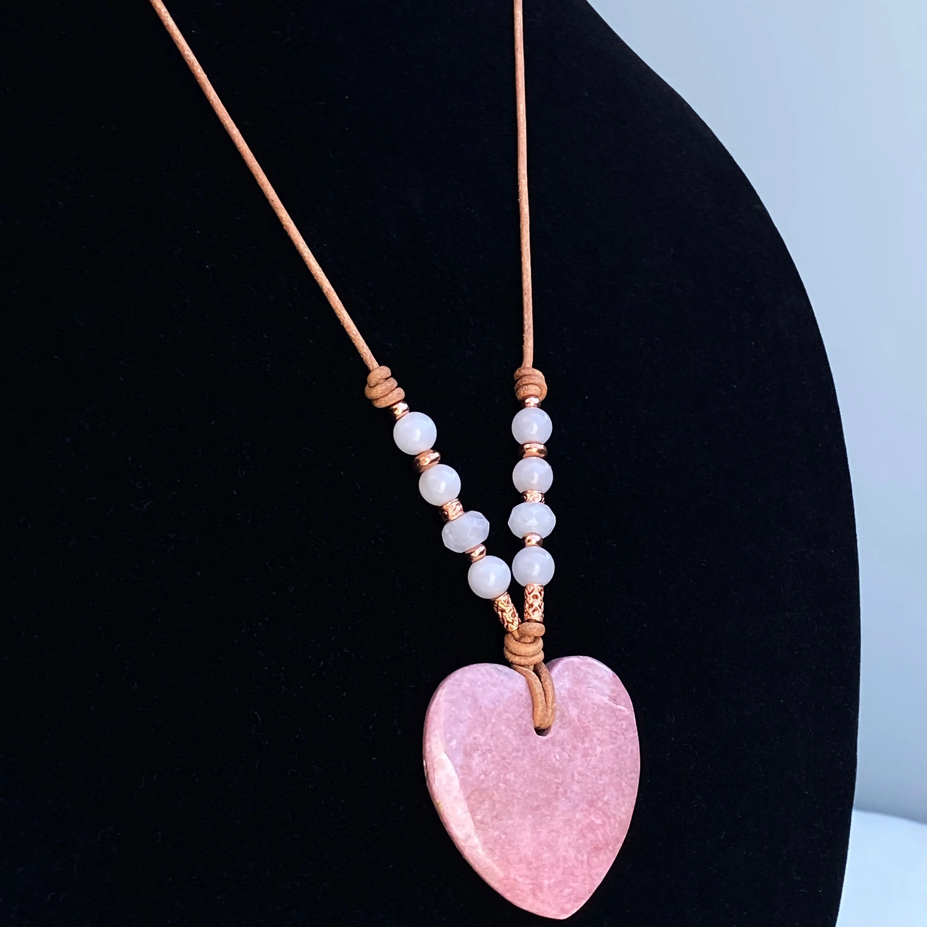 Rhodonite gemstone Heart with Rose Quartz and Copper Leather necklace