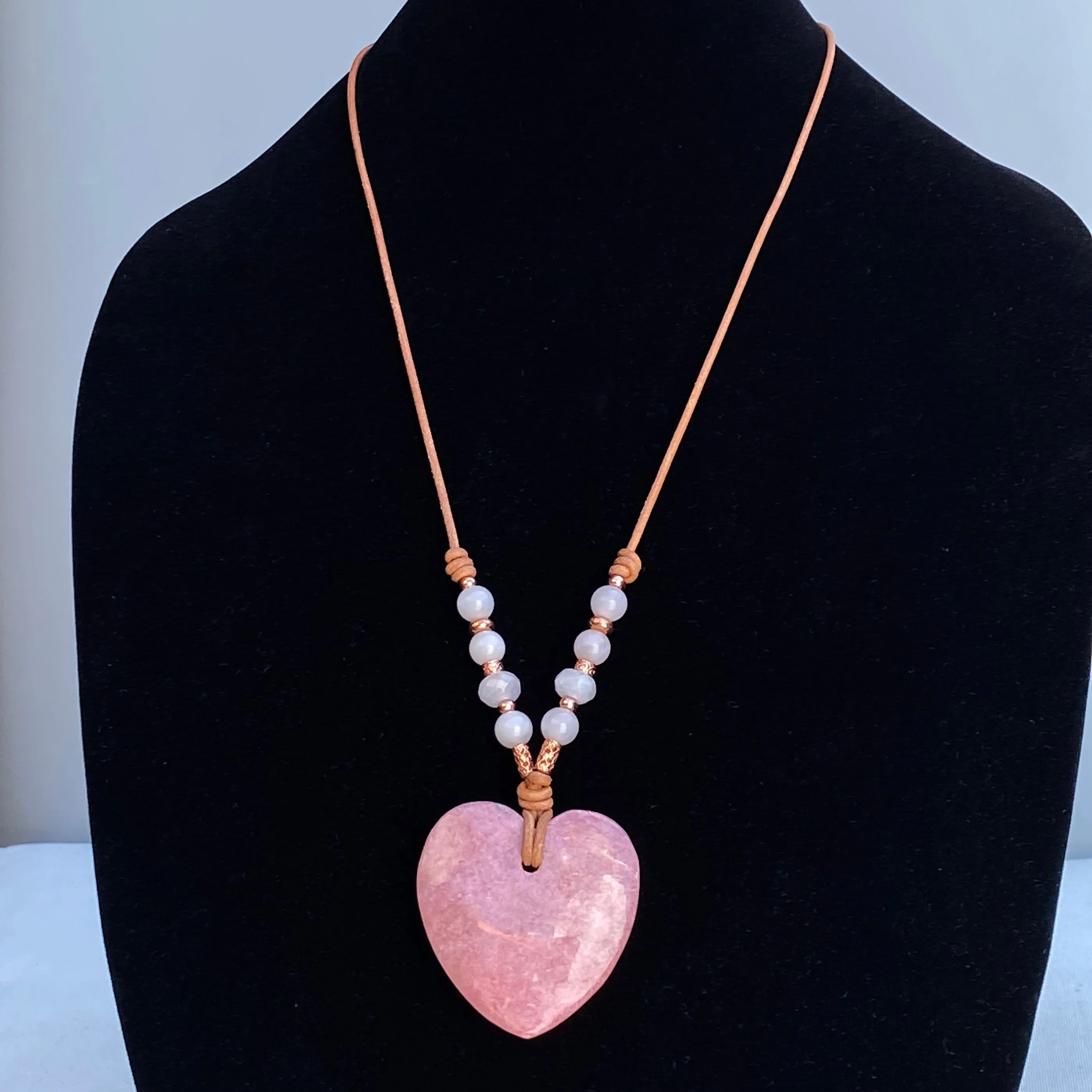 Rhodonite gemstone Heart with Rose Quartz and Copper Leather necklace