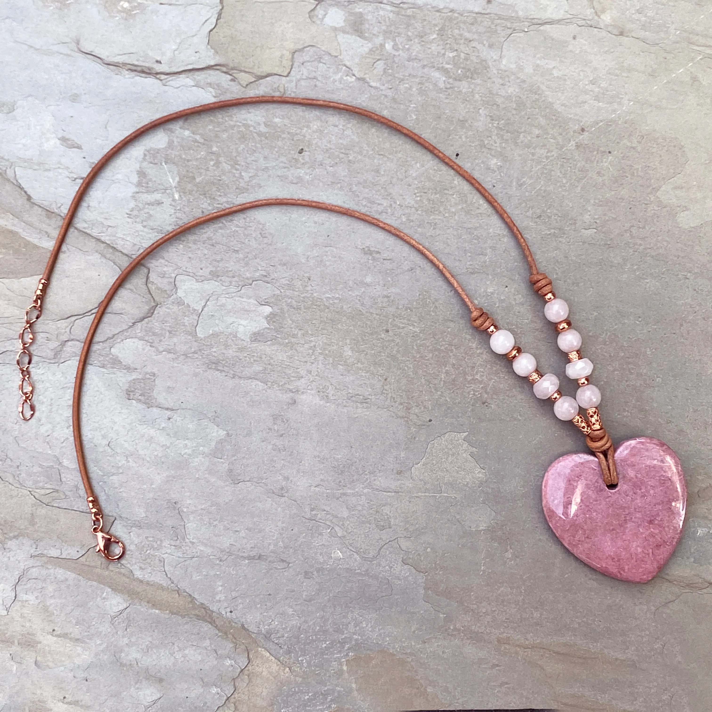 Rhodonite gemstone Heart with Rose Quartz and Copper Leather necklace