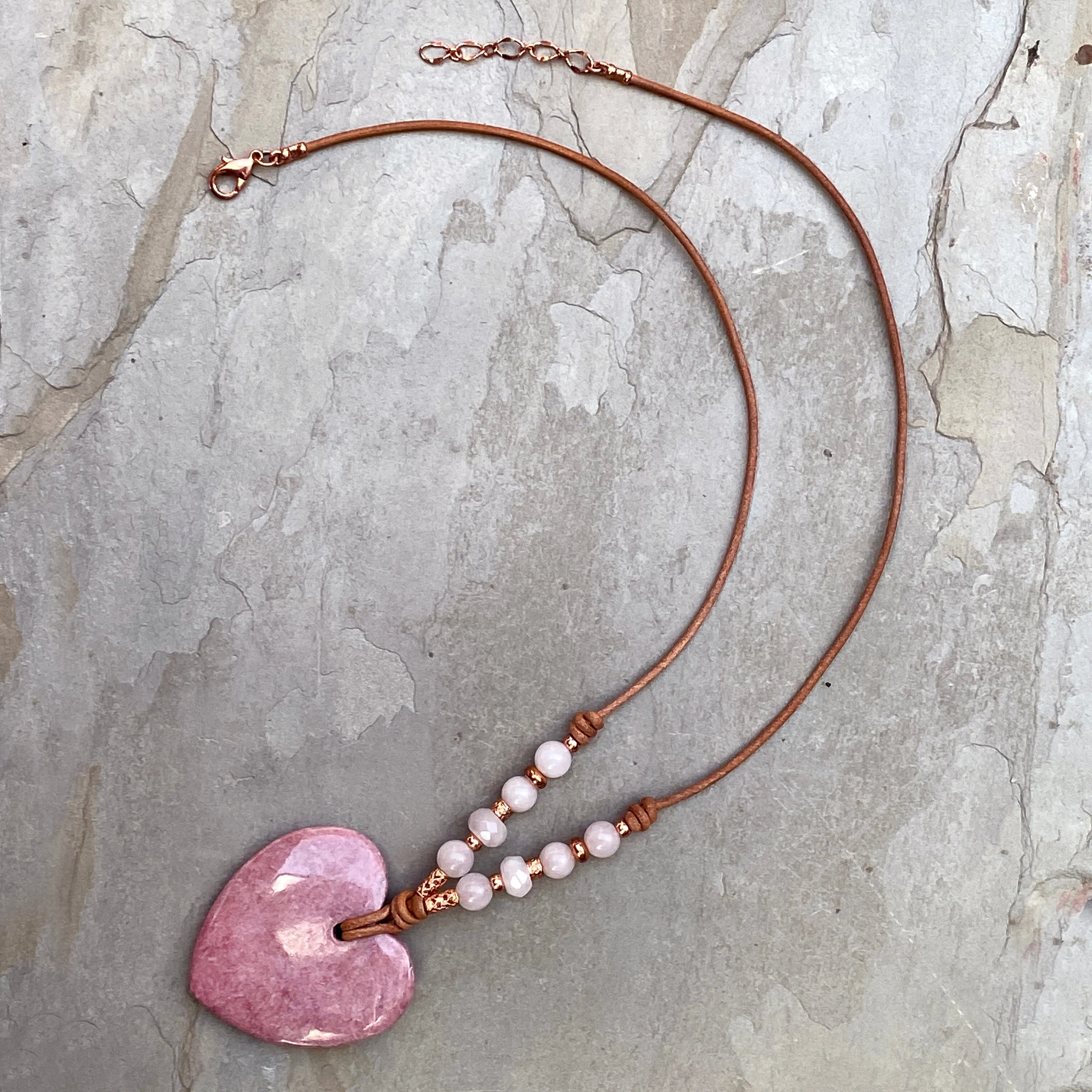 Rhodonite gemstone Heart with Rose Quartz and Copper Leather necklace