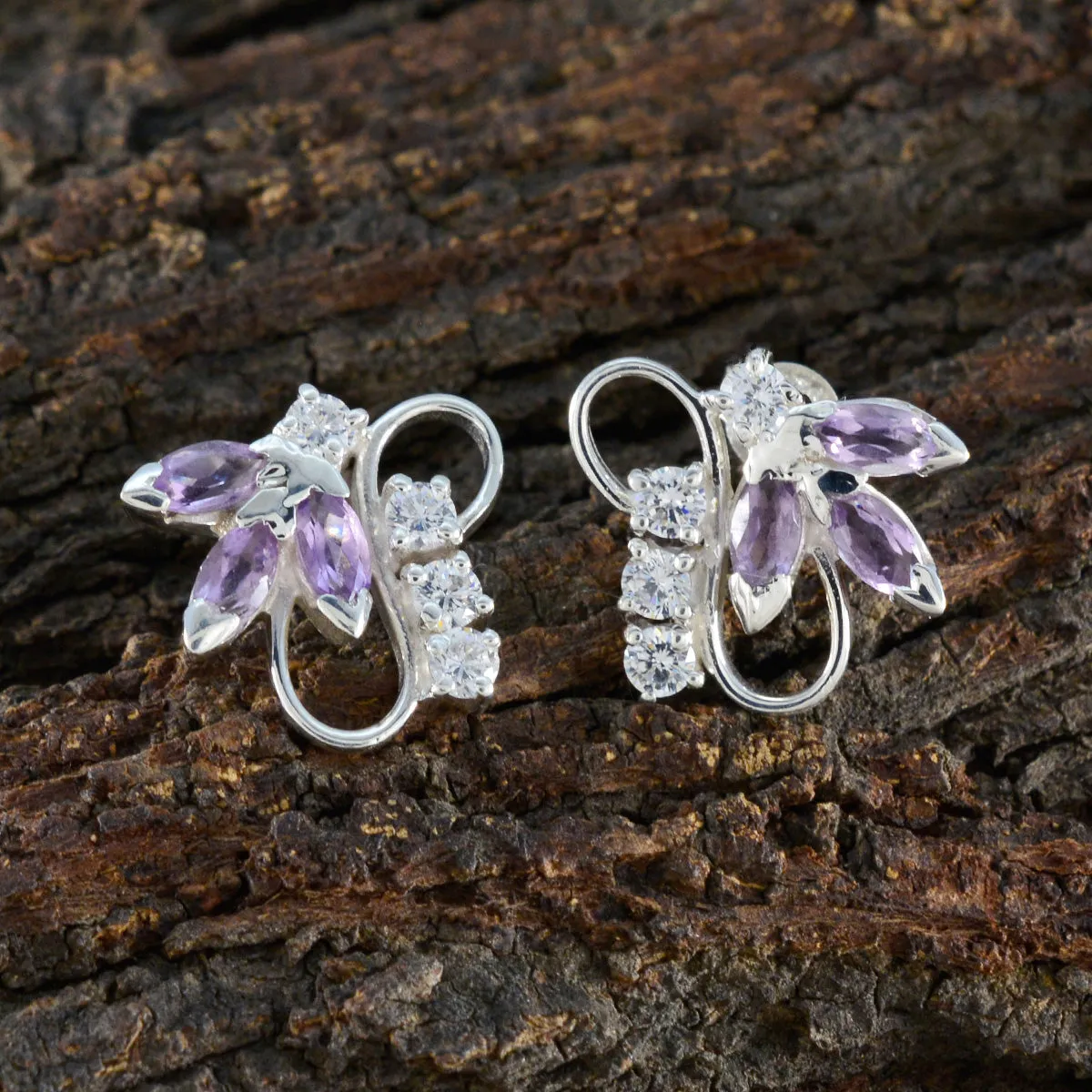 Riyo Aesthetic Sterling Silver Earring For Wife Amethyst Earring Bezel Setting Purple Earring Stud Earring