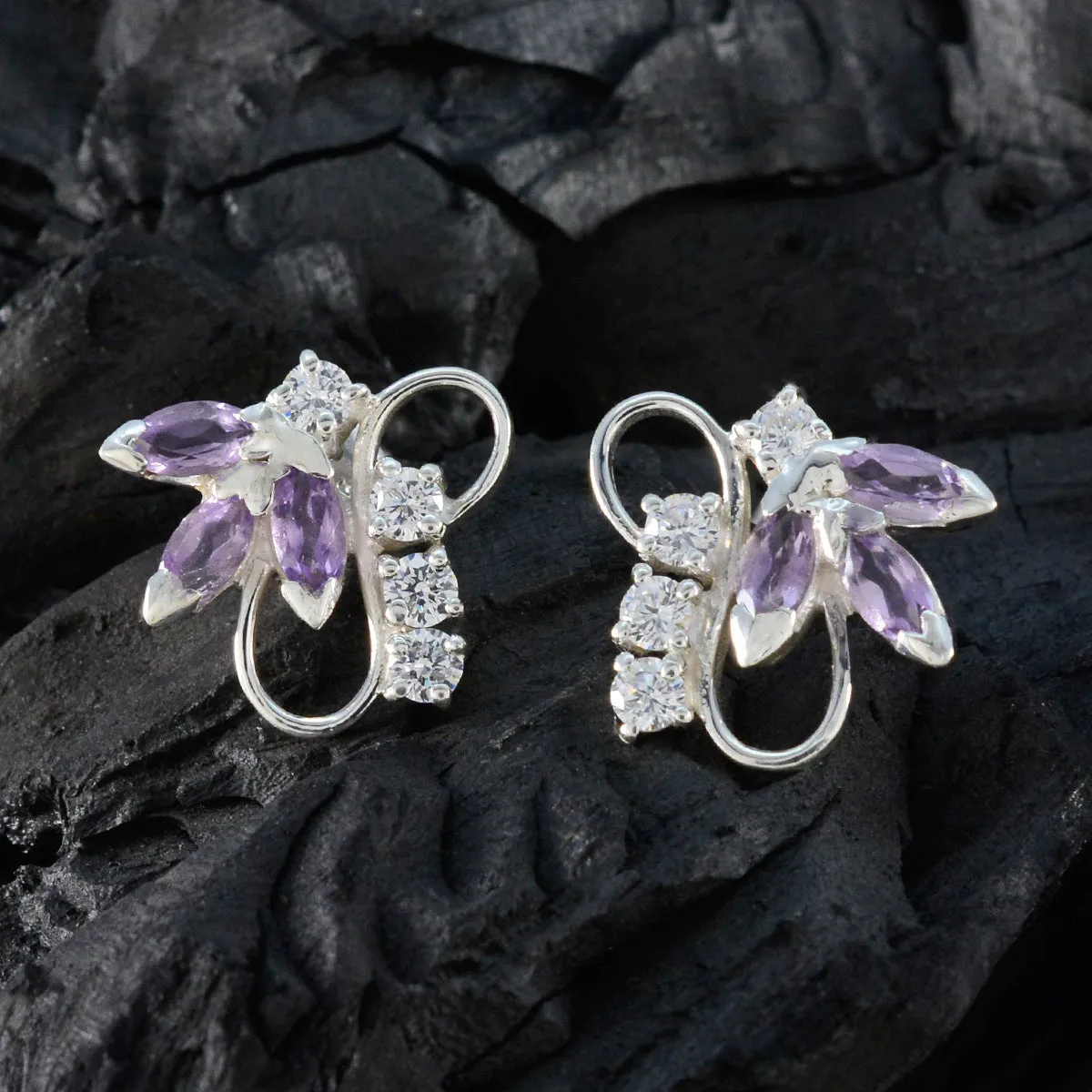 Riyo Aesthetic Sterling Silver Earring For Wife Amethyst Earring Bezel Setting Purple Earring Stud Earring