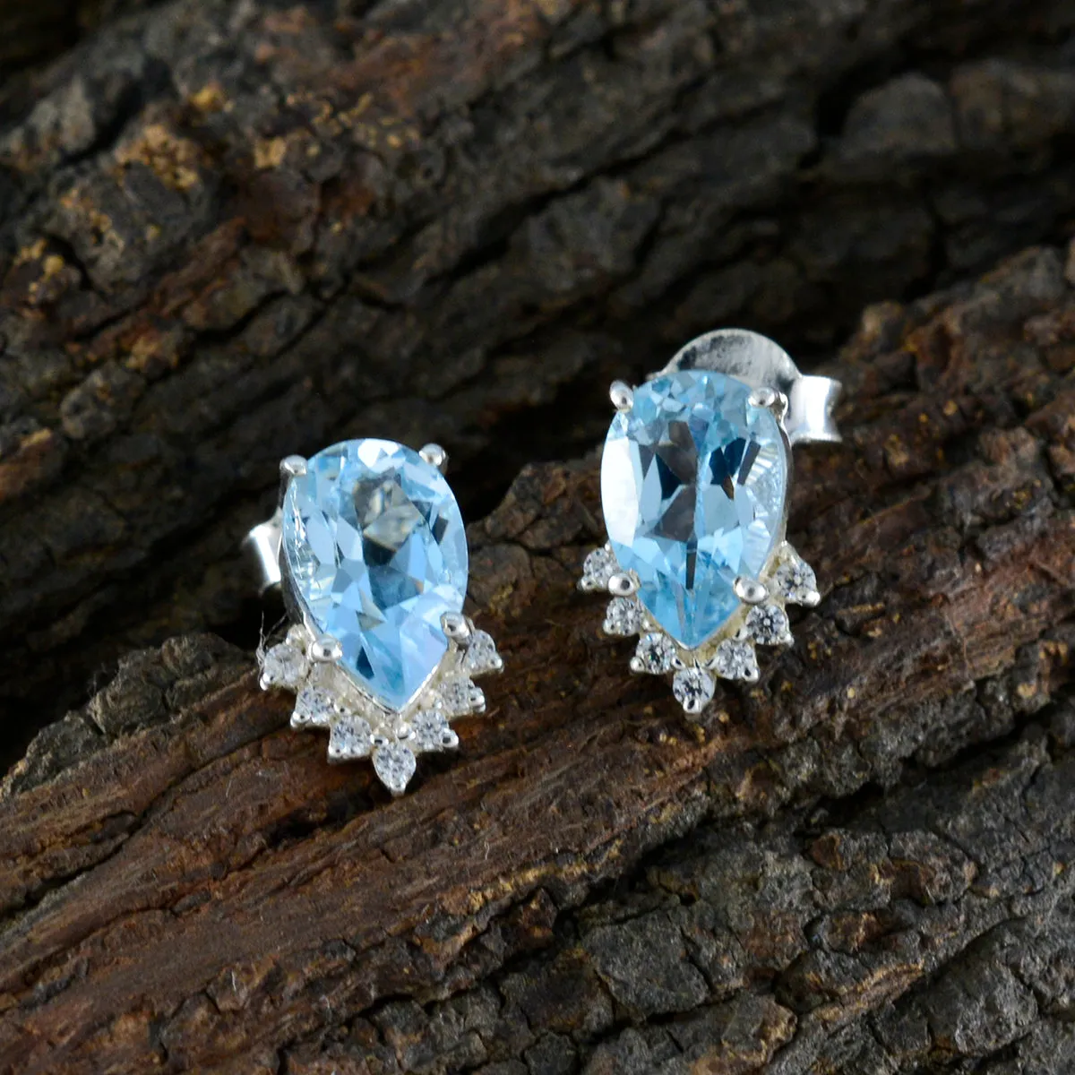 Riyo Appealing 925 Sterling Silver Earring For Sister Blue Topaz Earring Bezel Setting Blue Earring Stud Earring