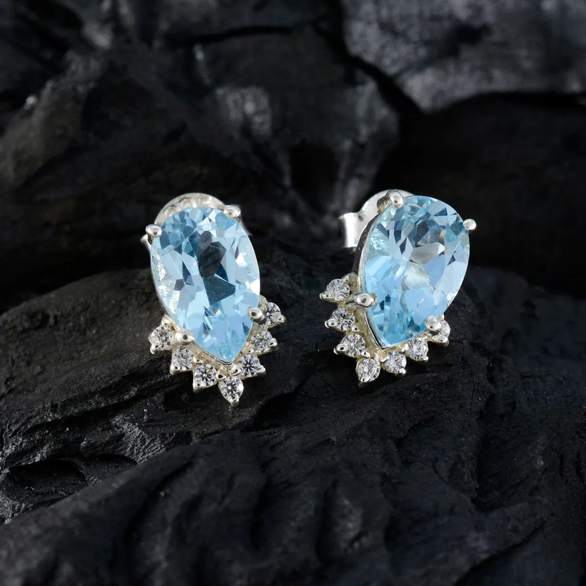 Riyo Appealing 925 Sterling Silver Earring For Sister Blue Topaz Earring Bezel Setting Blue Earring Stud Earring