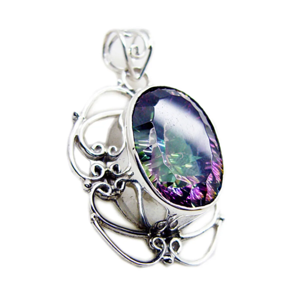 Riyo Beddable Gems Oval Faceted Multi Color Mystic Quartz Solid Silver Pendant Gift For Anniversary