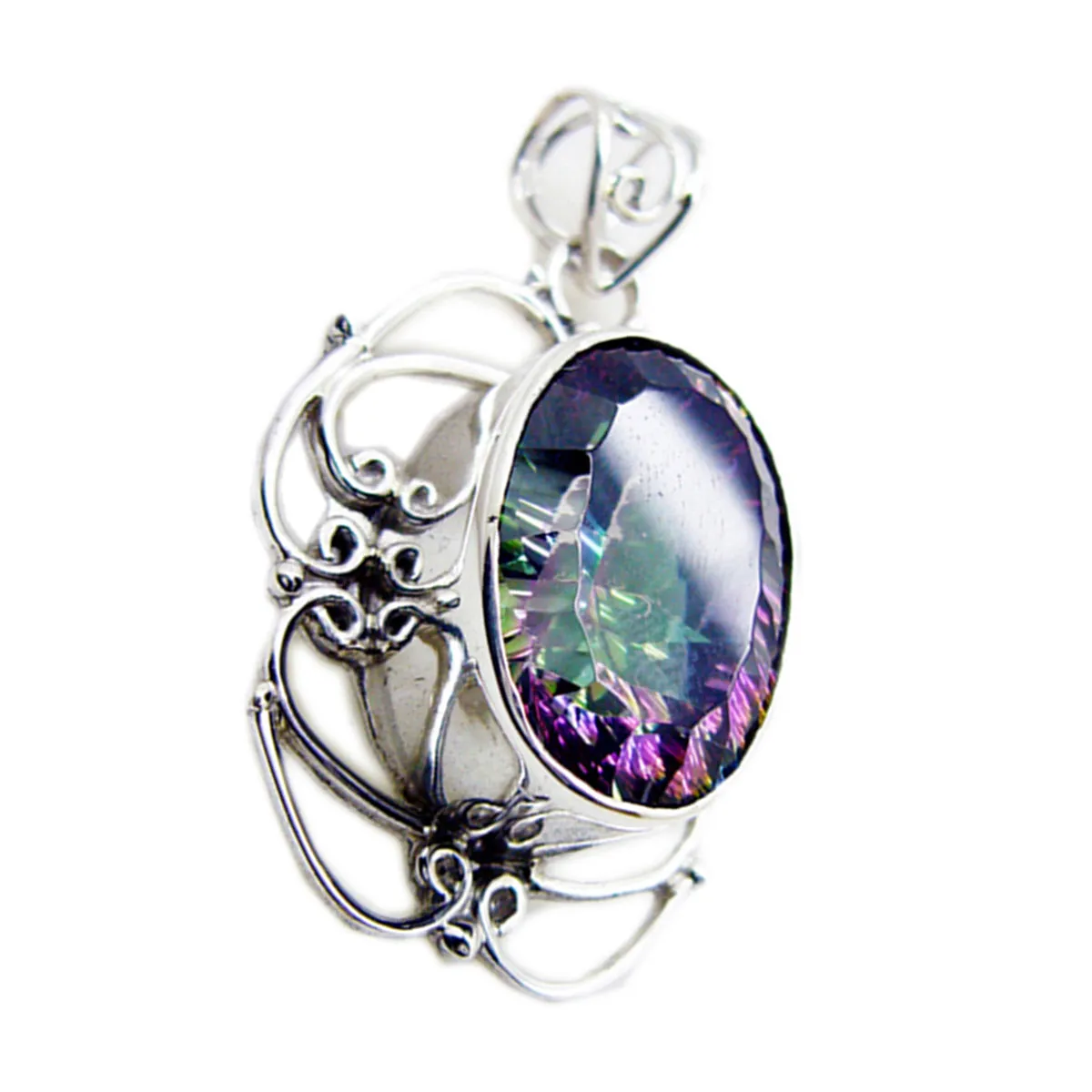 Riyo Beddable Gems Oval Faceted Multi Color Mystic Quartz Solid Silver Pendant Gift For Anniversary