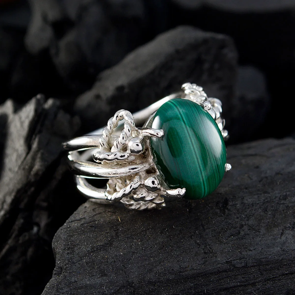 Riyo Delicate Gem Malachite Sterling Silver Rings Witch Jewelry