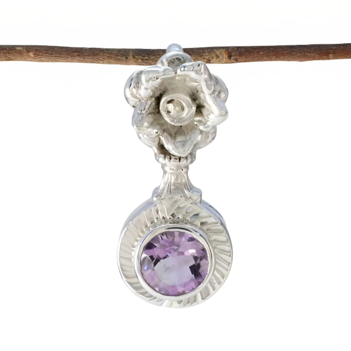 Riyo Delightful Gemstone Round Faceted Purple Amethyst Sterling Silver Pendant Gift For Handmade