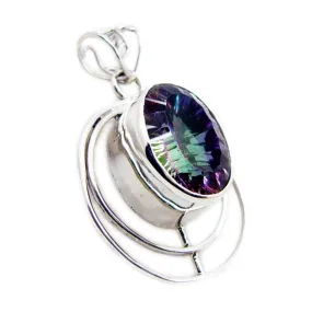 Riyo Engaging Gems Oval Faceted Multi Color Mystic Quartz Silver Pendant Gift For Sister