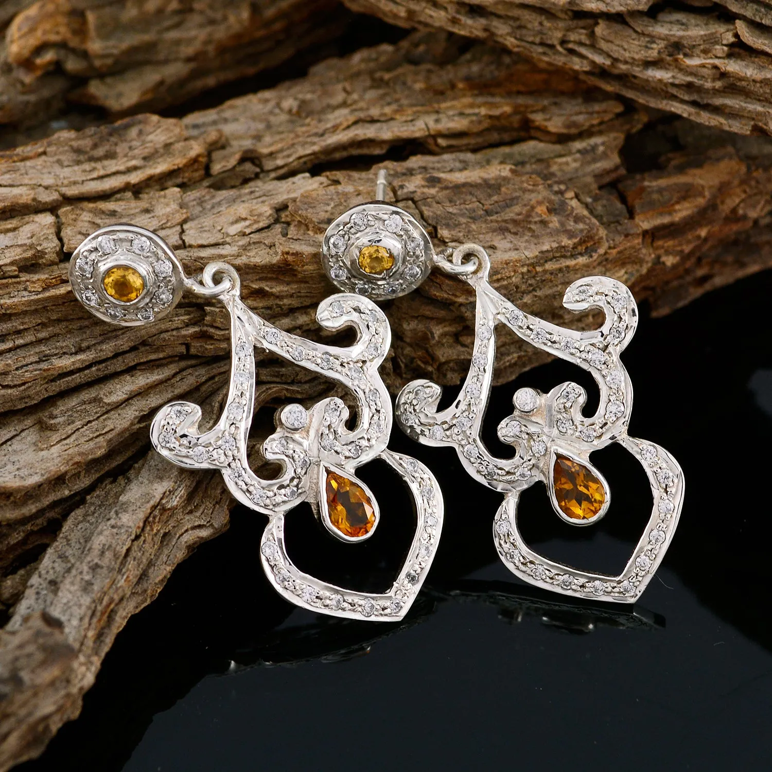 Riyo Genuine Gems MUlti shape Faceted Yellow Citrine Silver Earring Faishonable day gift