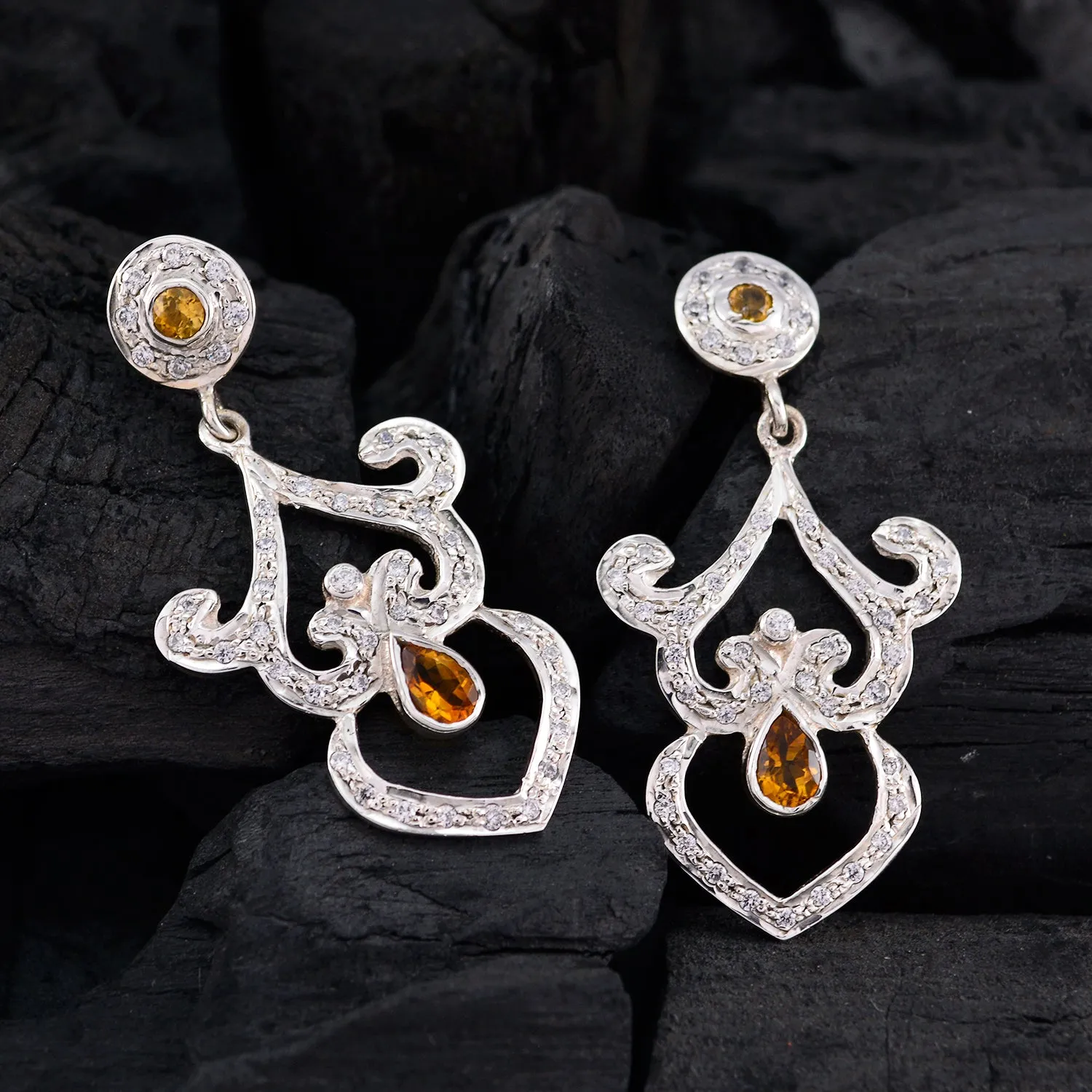 Riyo Genuine Gems MUlti shape Faceted Yellow Citrine Silver Earring Faishonable day gift