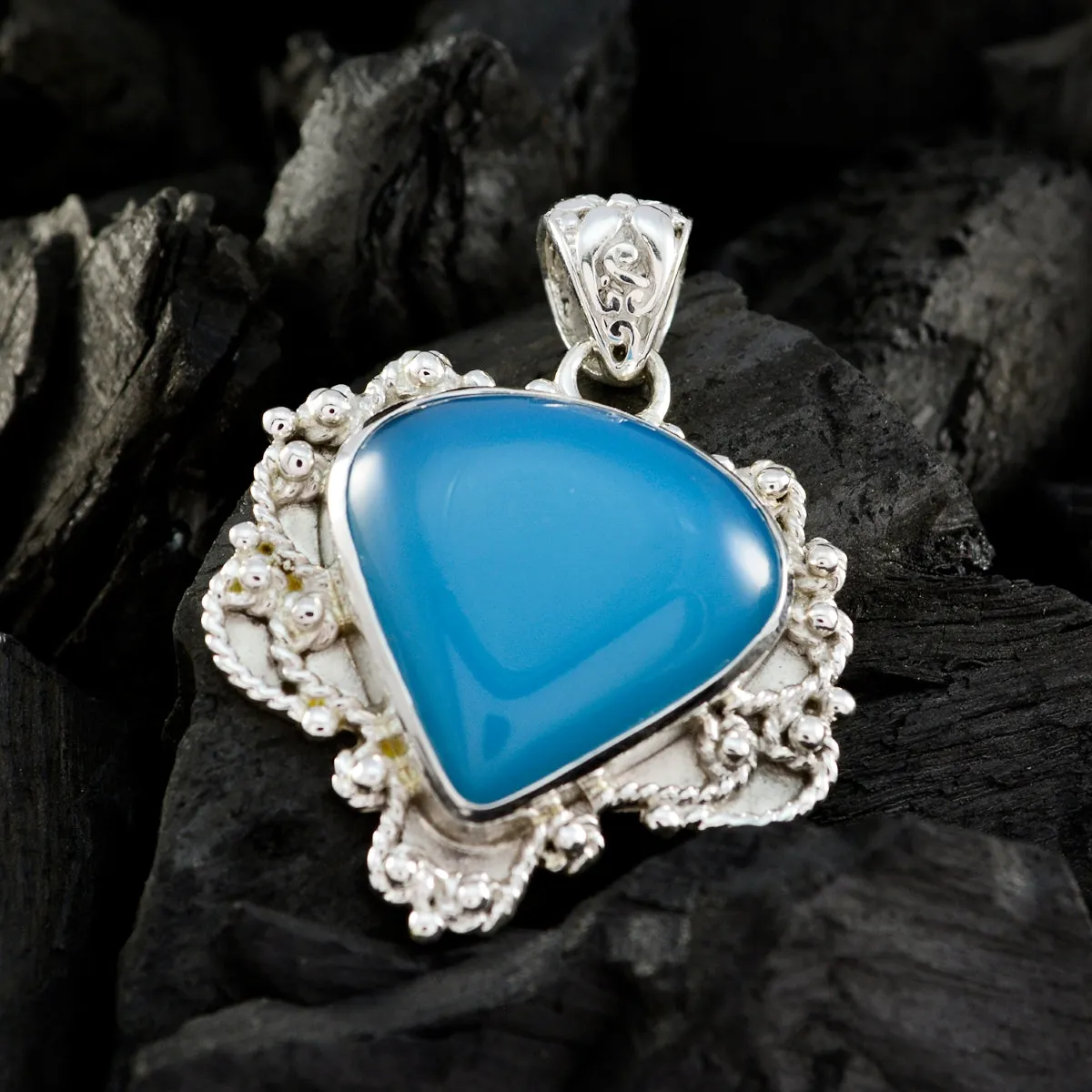 Riyo Genuine Gems Pear Cabochon Blue Chalcedony Sterling Silver Pendant gift for new years day