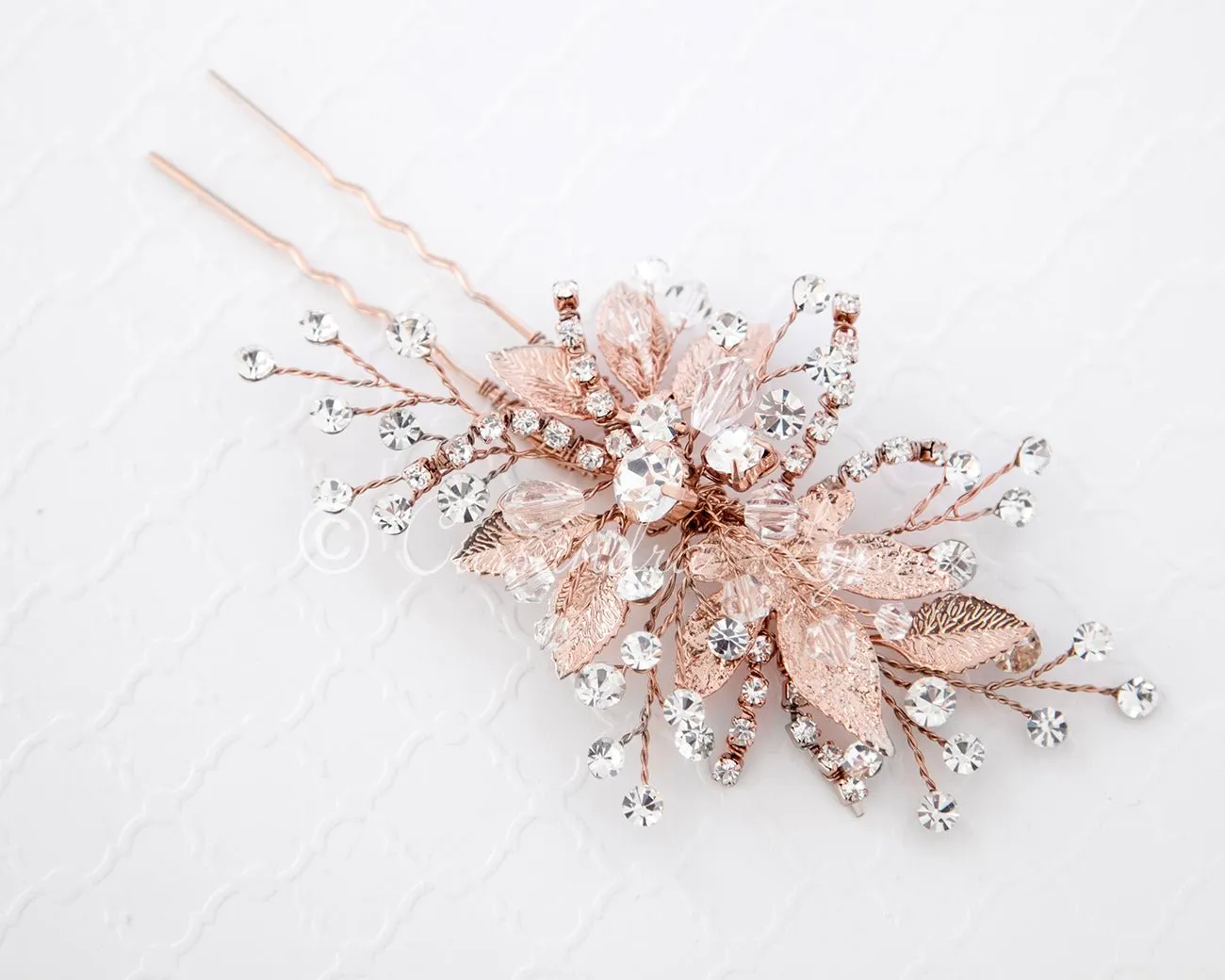 Rose Gold Bridal Hair Pin of Crystals and Leaves