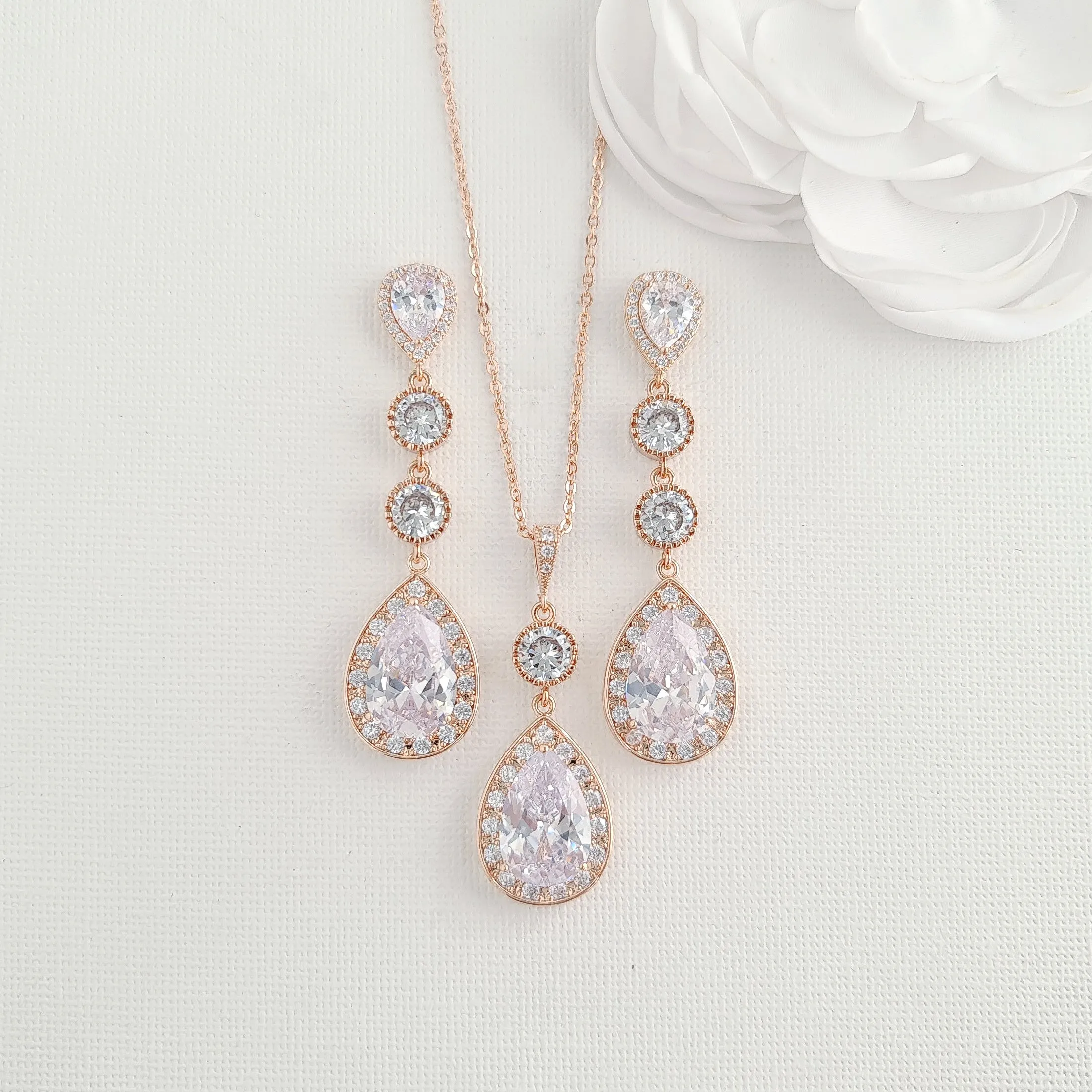 Rose Gold Long Earrings Set for Wedding-Evana