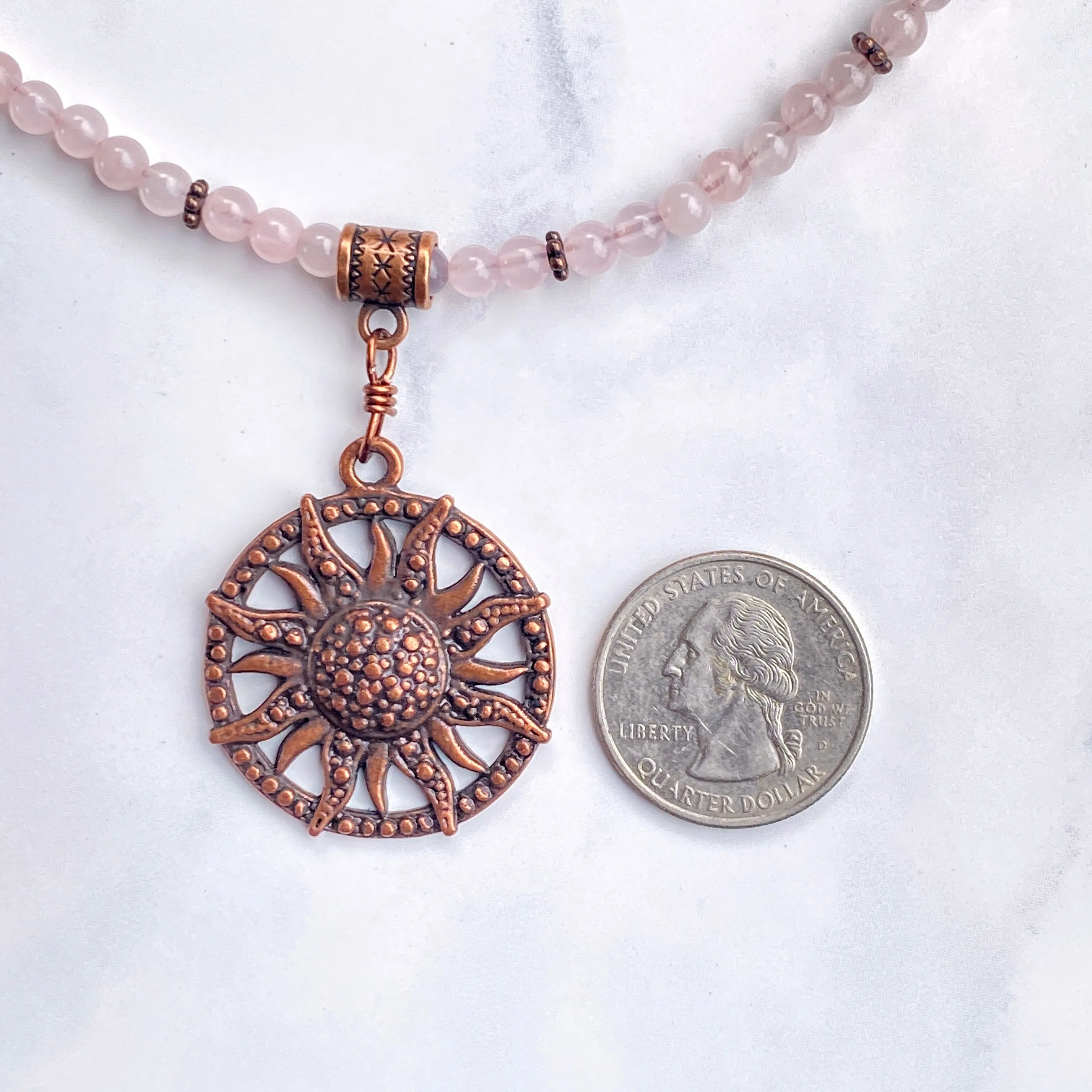 Rose Quartz gemstone  and copper Sun pendant beaded necklace