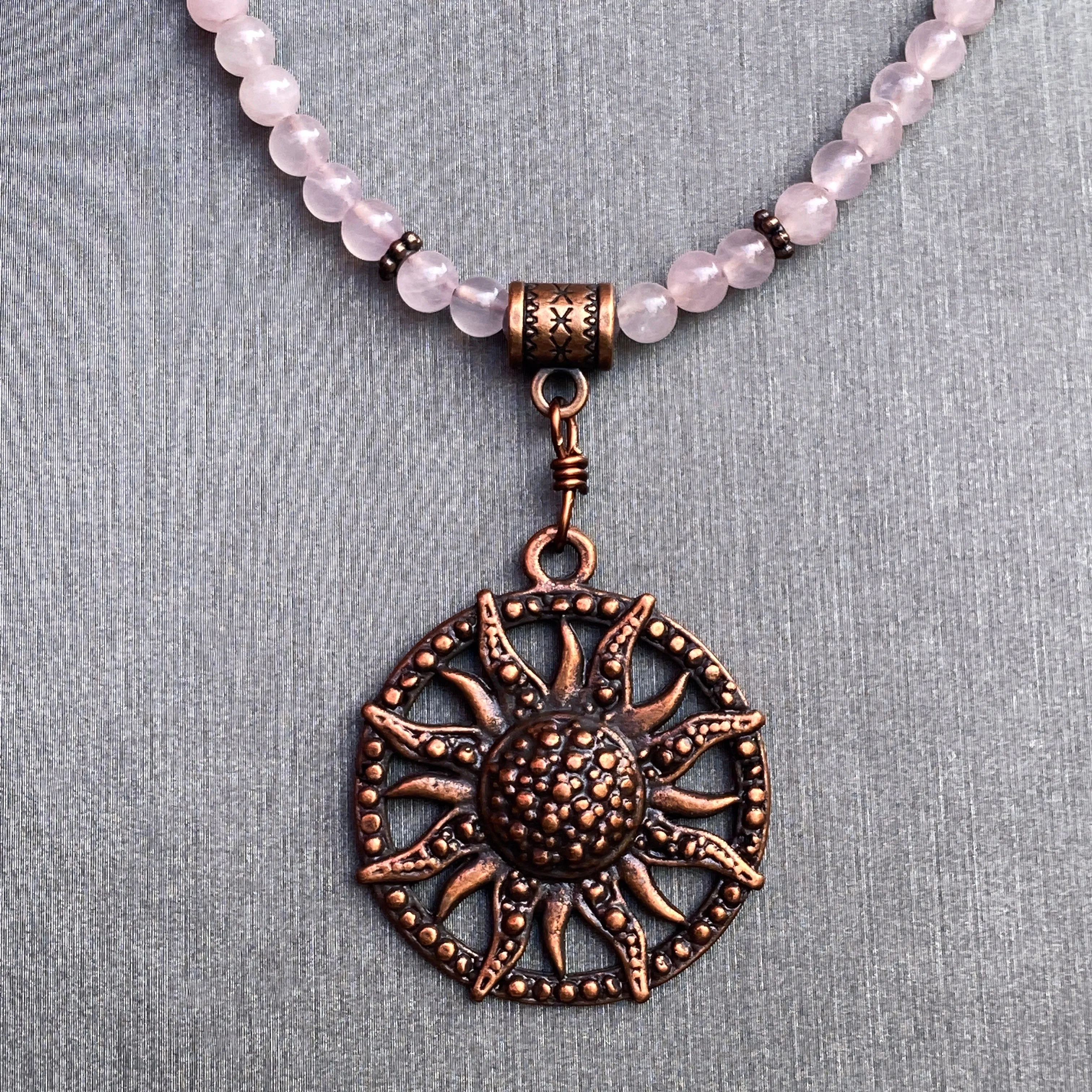 Rose Quartz gemstone  and copper Sun pendant beaded necklace