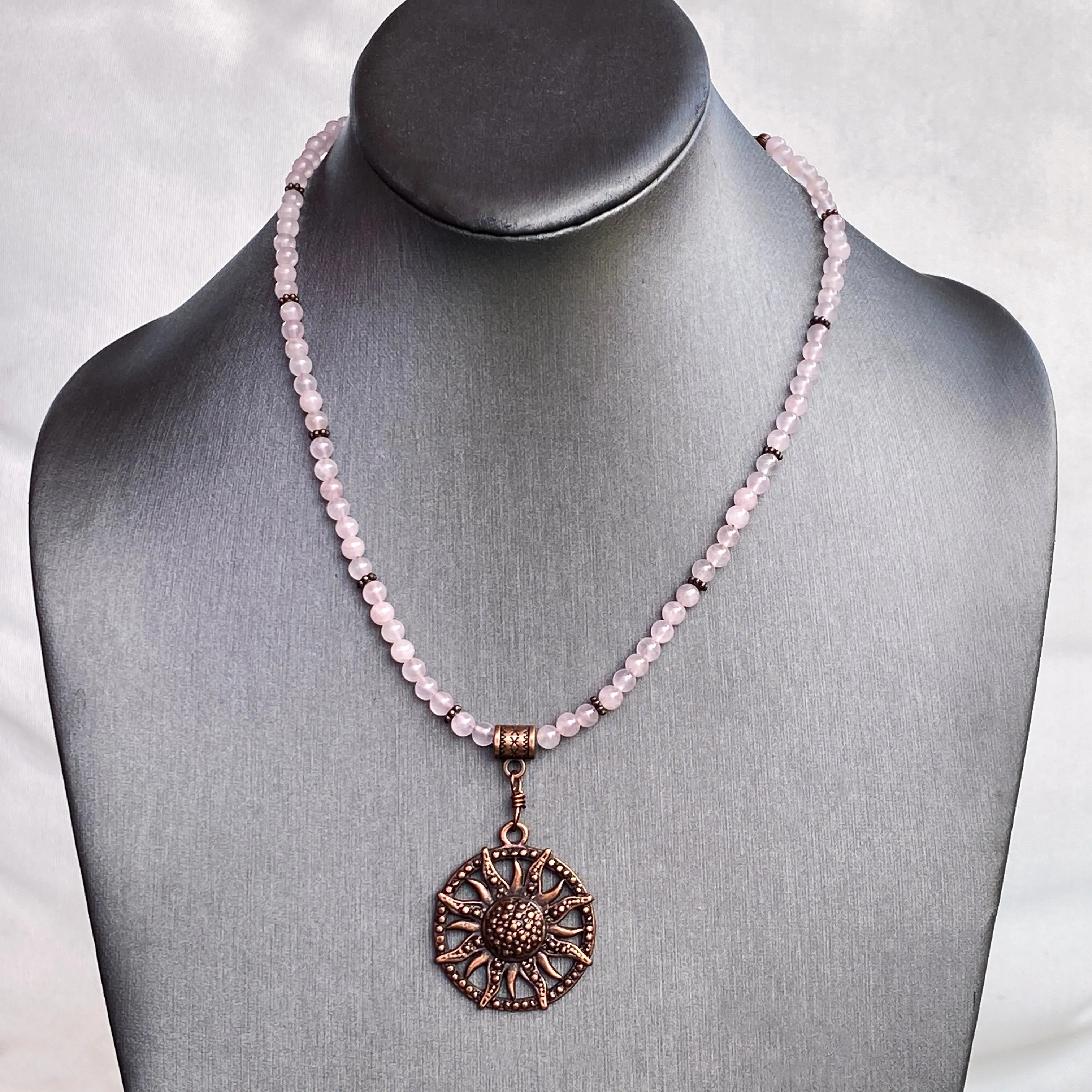 Rose Quartz gemstone  and copper Sun pendant beaded necklace