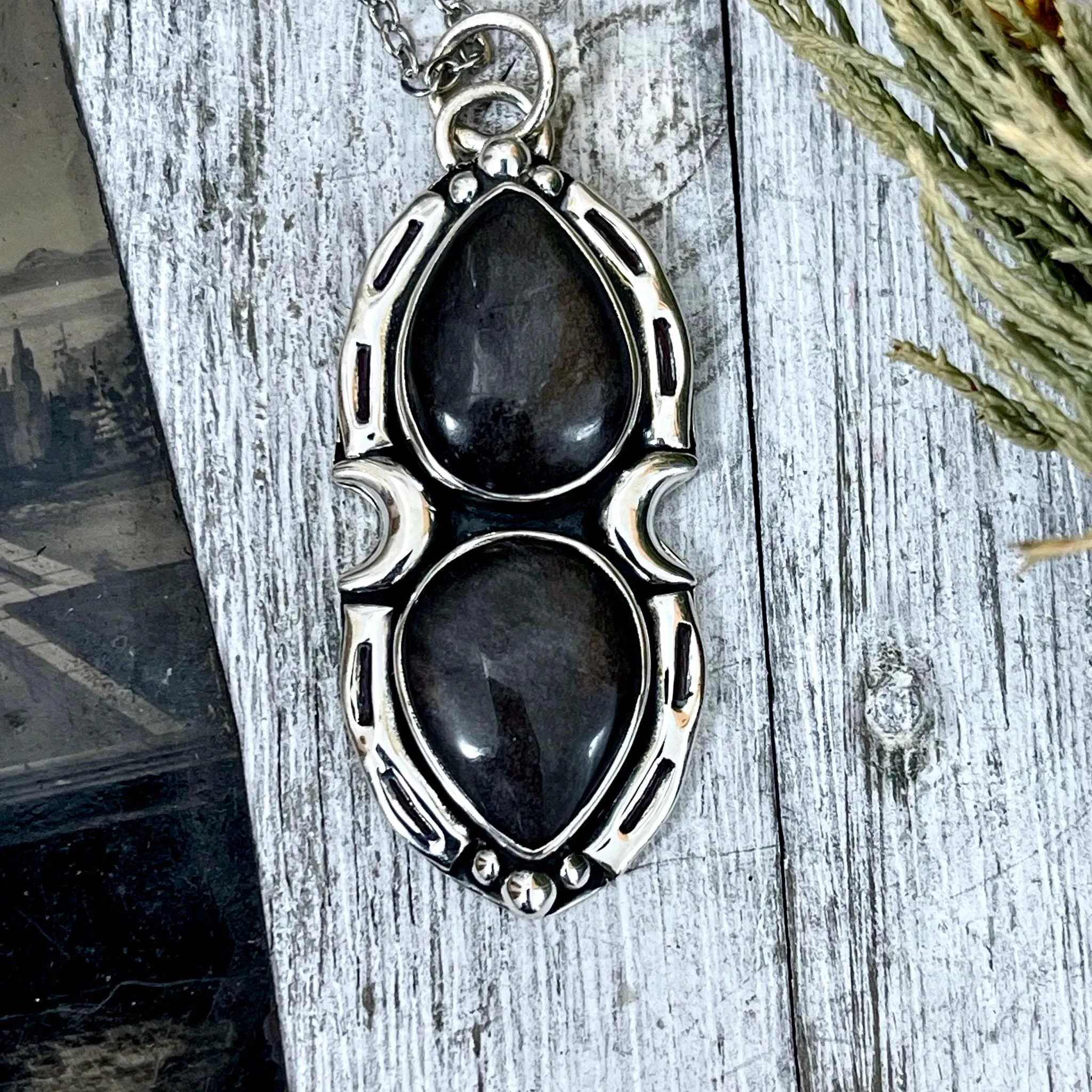 Silver Sheen Obsidian Mystic Moon Crystal Statement Necklace in Sterling Silver / Designed by FOXLARK Collection