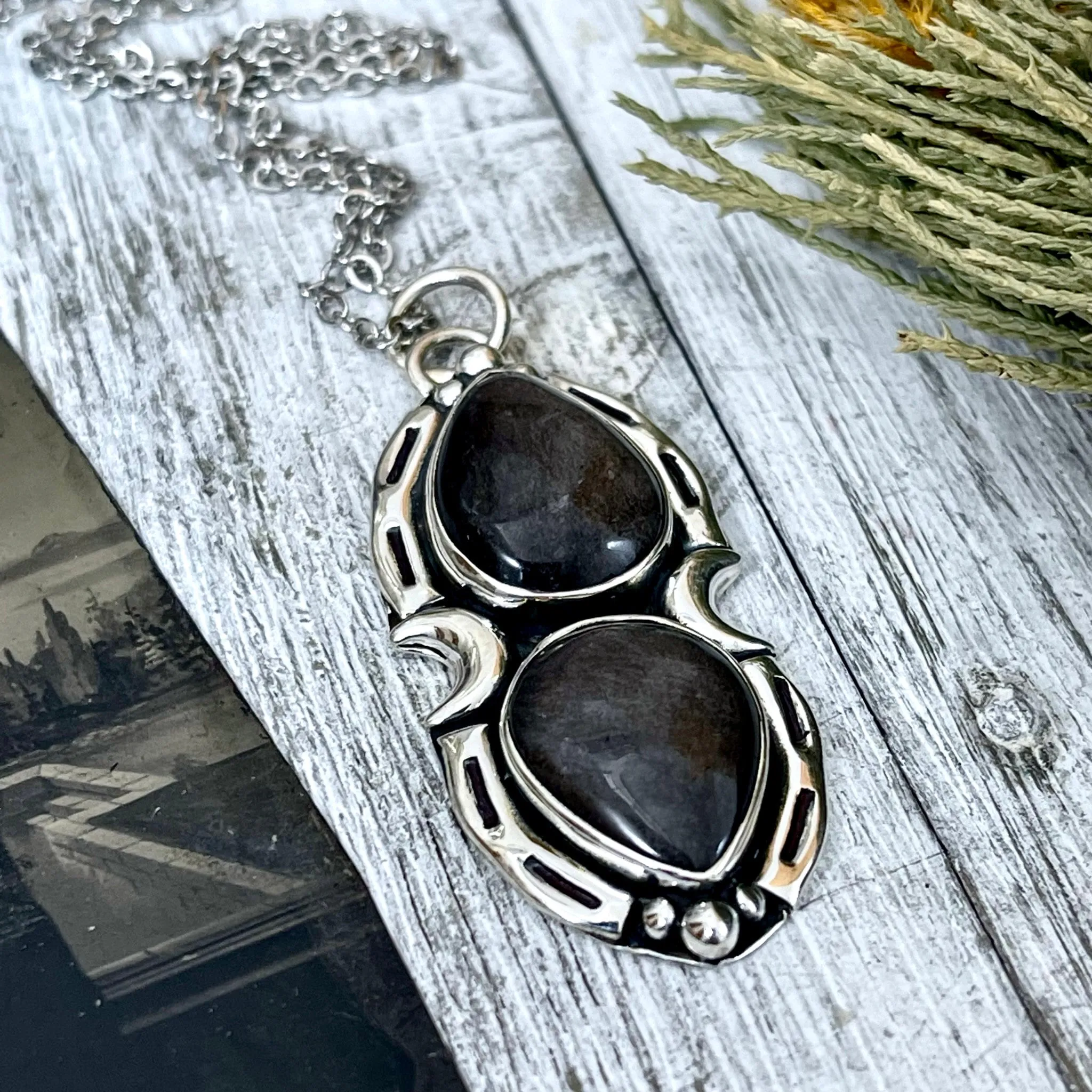 Silver Sheen Obsidian Mystic Moon Crystal Statement Necklace in Sterling Silver / Designed by FOXLARK Collection