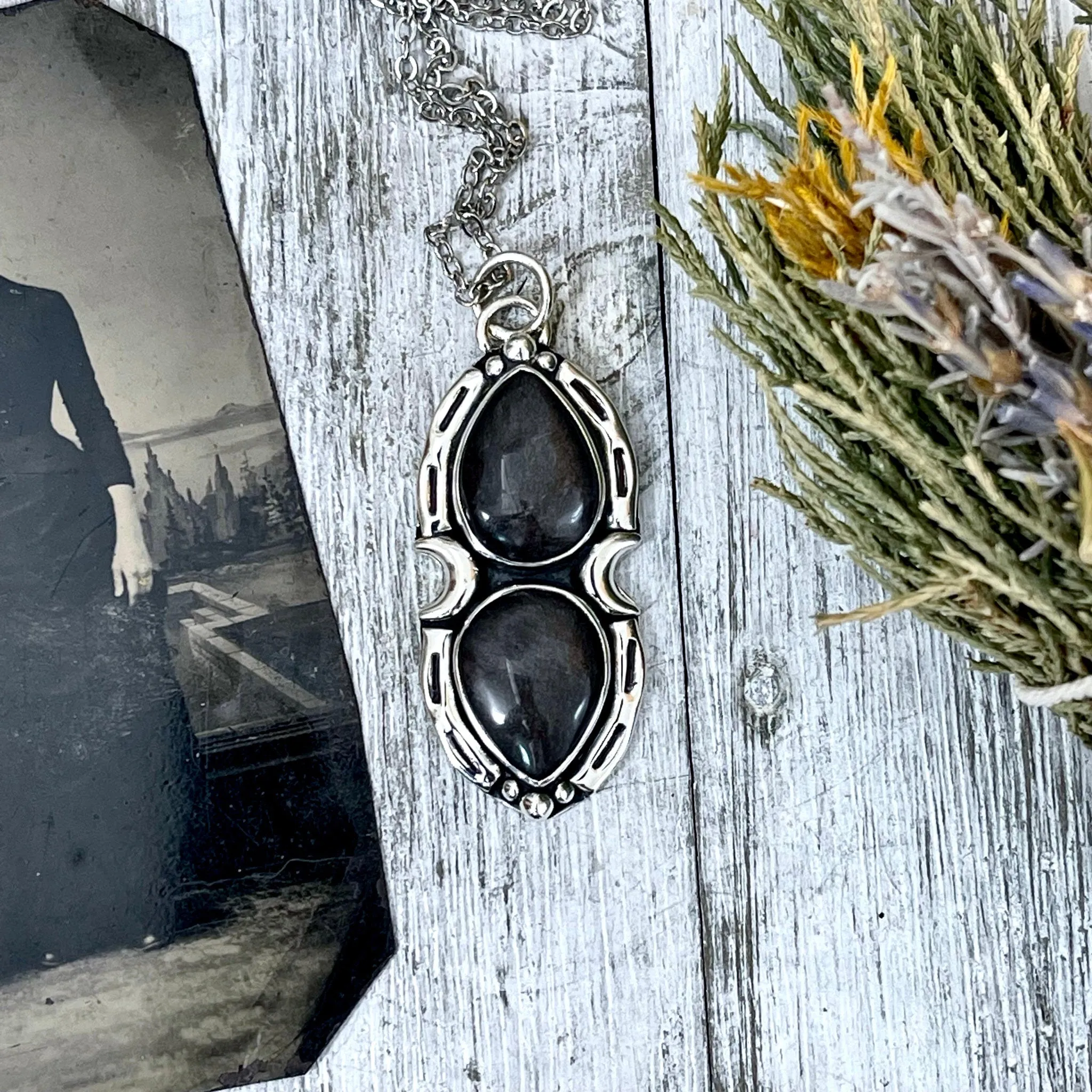 Silver Sheen Obsidian Mystic Moon Crystal Statement Necklace in Sterling Silver / Designed by FOXLARK Collection