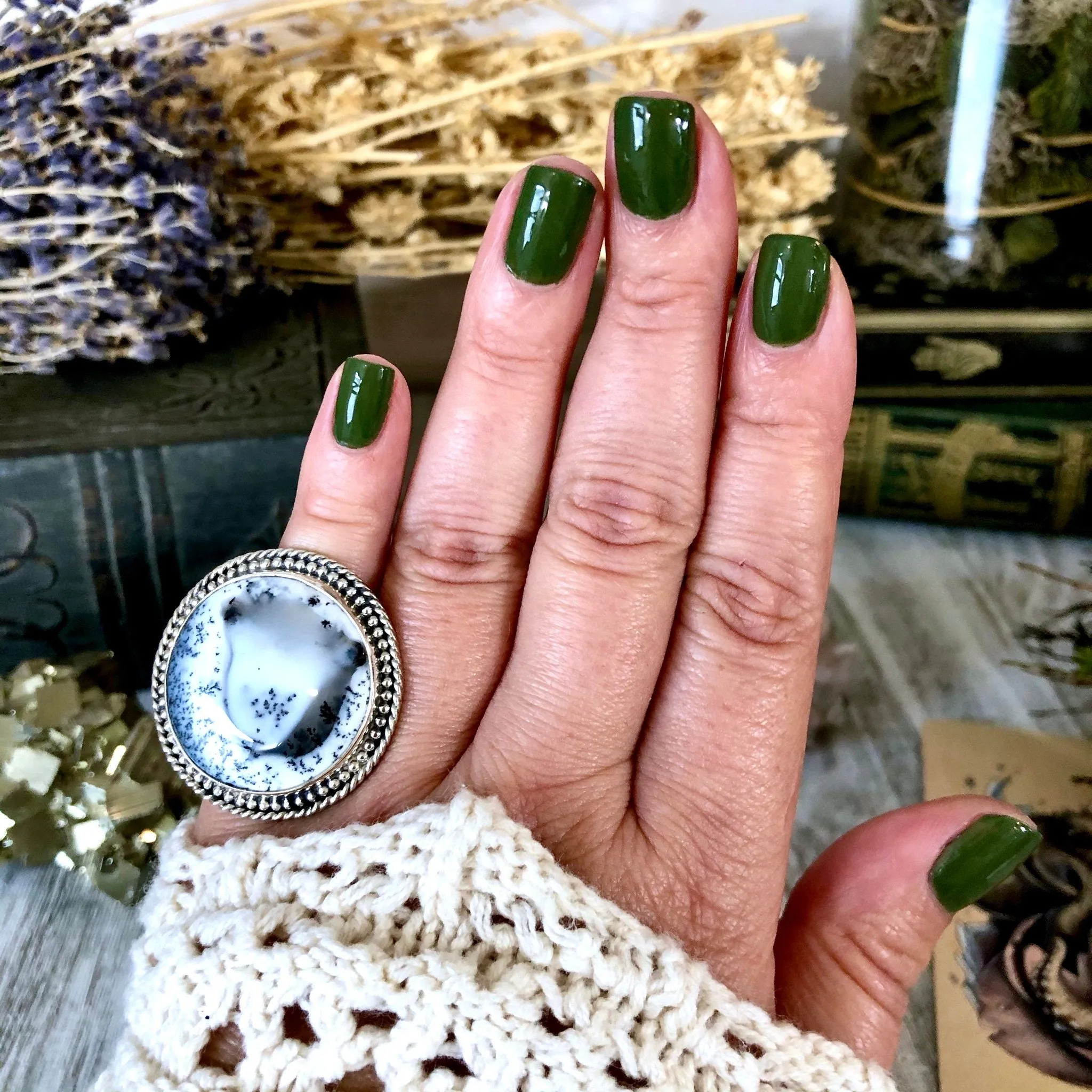 Size 6 Dendritic Opal Statement Ring Set in Sterling Silver / Curated by FOXLARK Collection