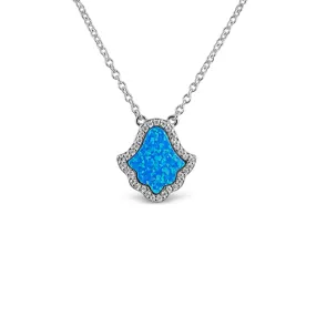 Sterling Silver Blue Opal Hamsa Halo Necklace (Zara Collection)