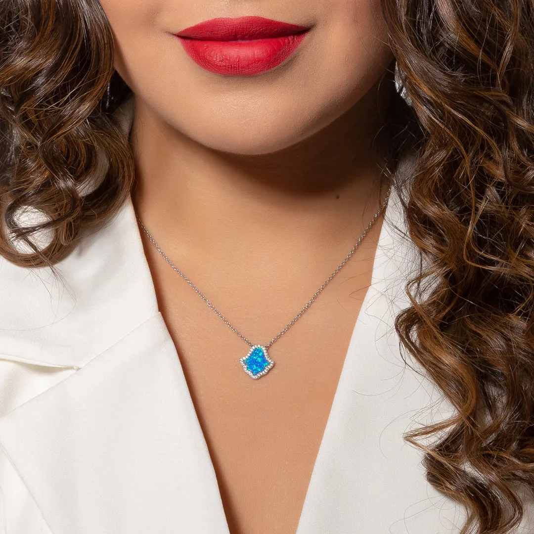 Sterling Silver Blue Opal Hamsa Halo Necklace (Zara Collection)