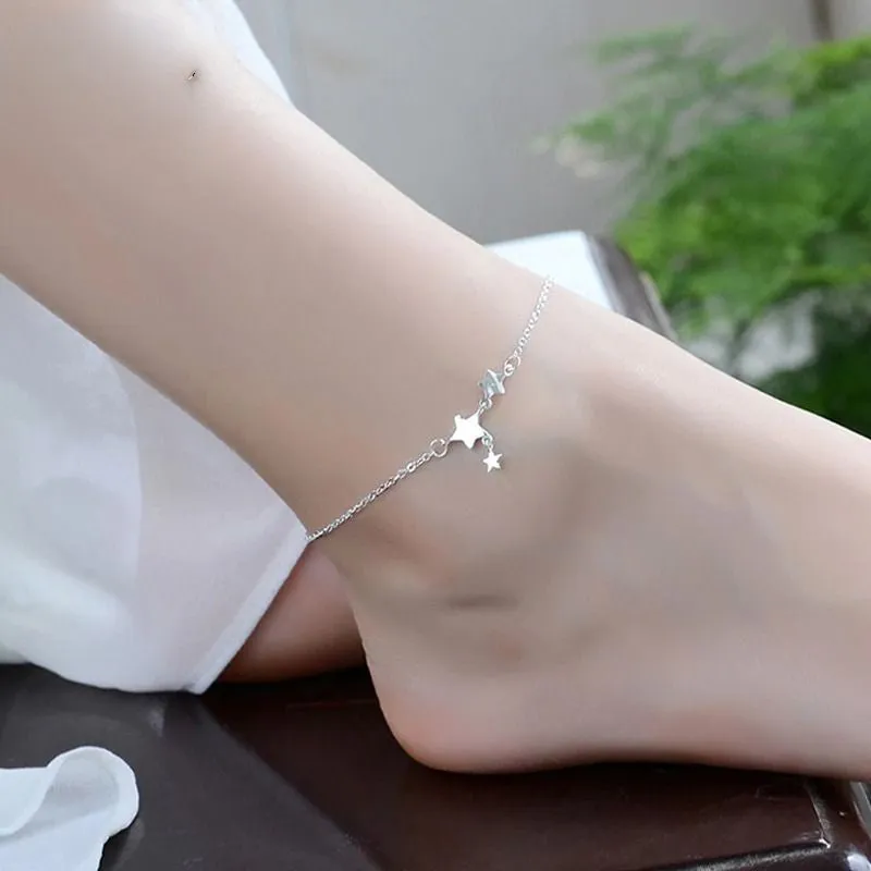 Sterling Silver Simple Charm Three Star Anklet For Women