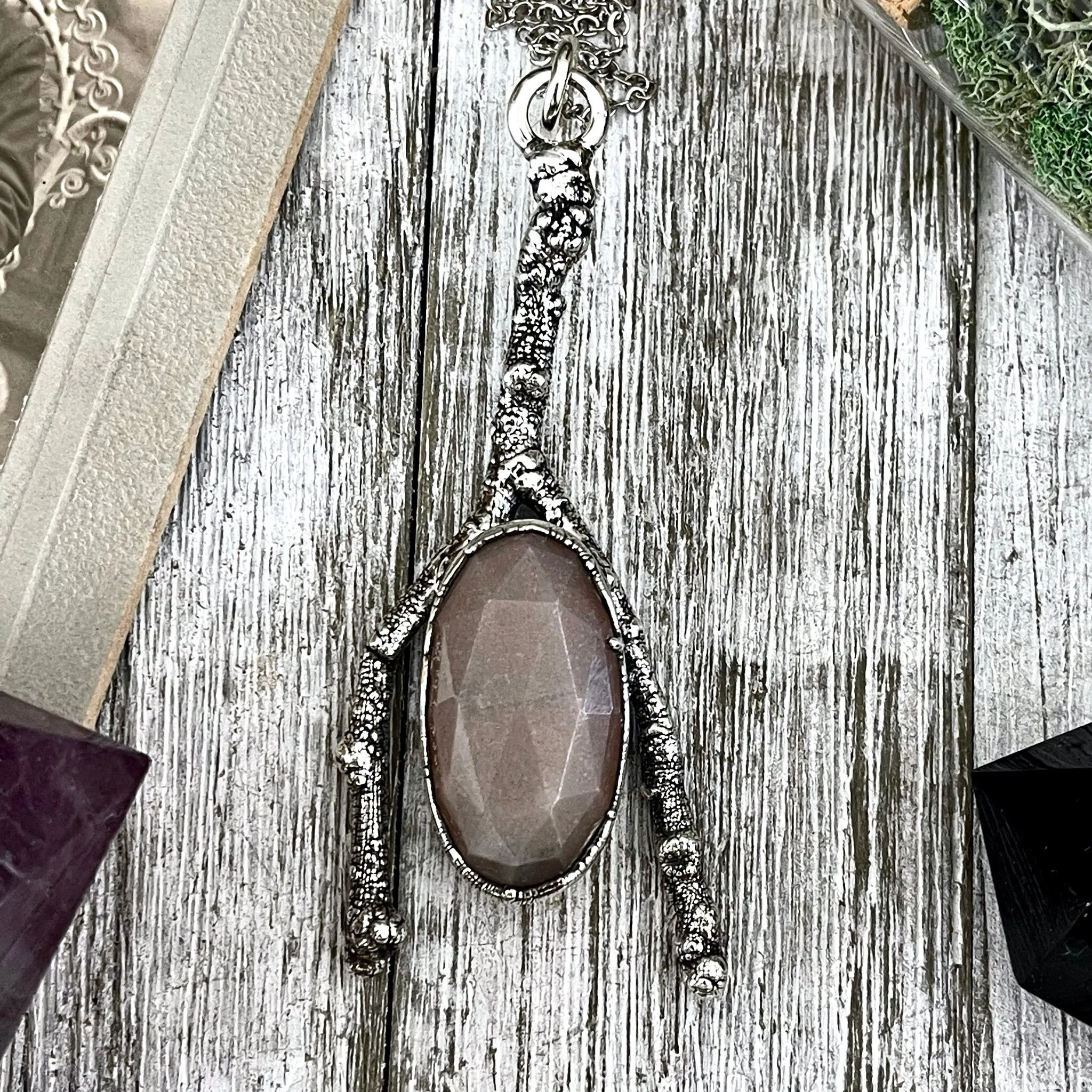 Sticks & Stones Collection Peach Moonstone Necklace / Big Silver Crystal Necklace